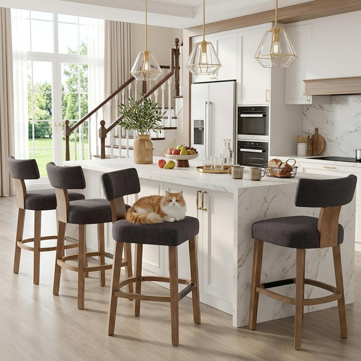 Farmhouse 30'' Extra Tall Bar Stools Set of 2 Modern Counter Height Barstools with Backs Rustic Wood Bar Stools Linen Upholstered Counter Chairs Kitchen Island Stool Chairs with Wood Frame, Beige
