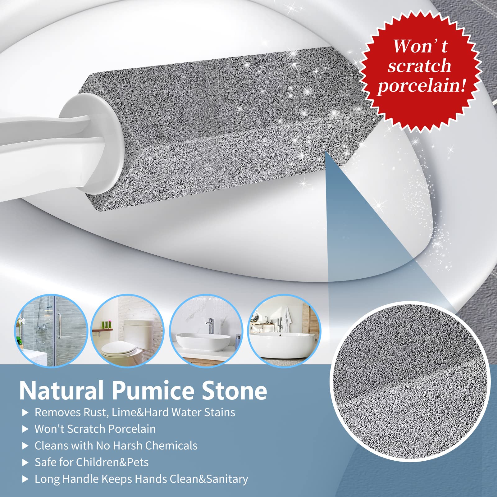 Laiyeoy Toilet Bowl Cleaner Pumice Stone -Hard Water Stain Remover, Powerfully Removes Toilet Bowl Rings，Rust &Lime，Ideal for Toilet Brush/BBQ Grills/Sink/Pool/Bathroom【2Pack】 (Extra Long Handle)