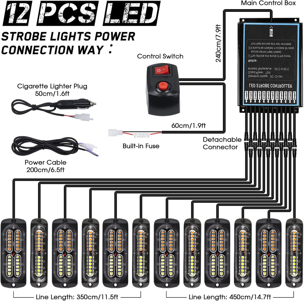 LINKITOM 12pcs Ultra Slim Sync Feature Surface Mount LED Emergency Beacon Hazard Warning Flashing Strobe Lights with Waterproof Controller and Long Heavy Cable for Car Truck Vehicle, Amber/White