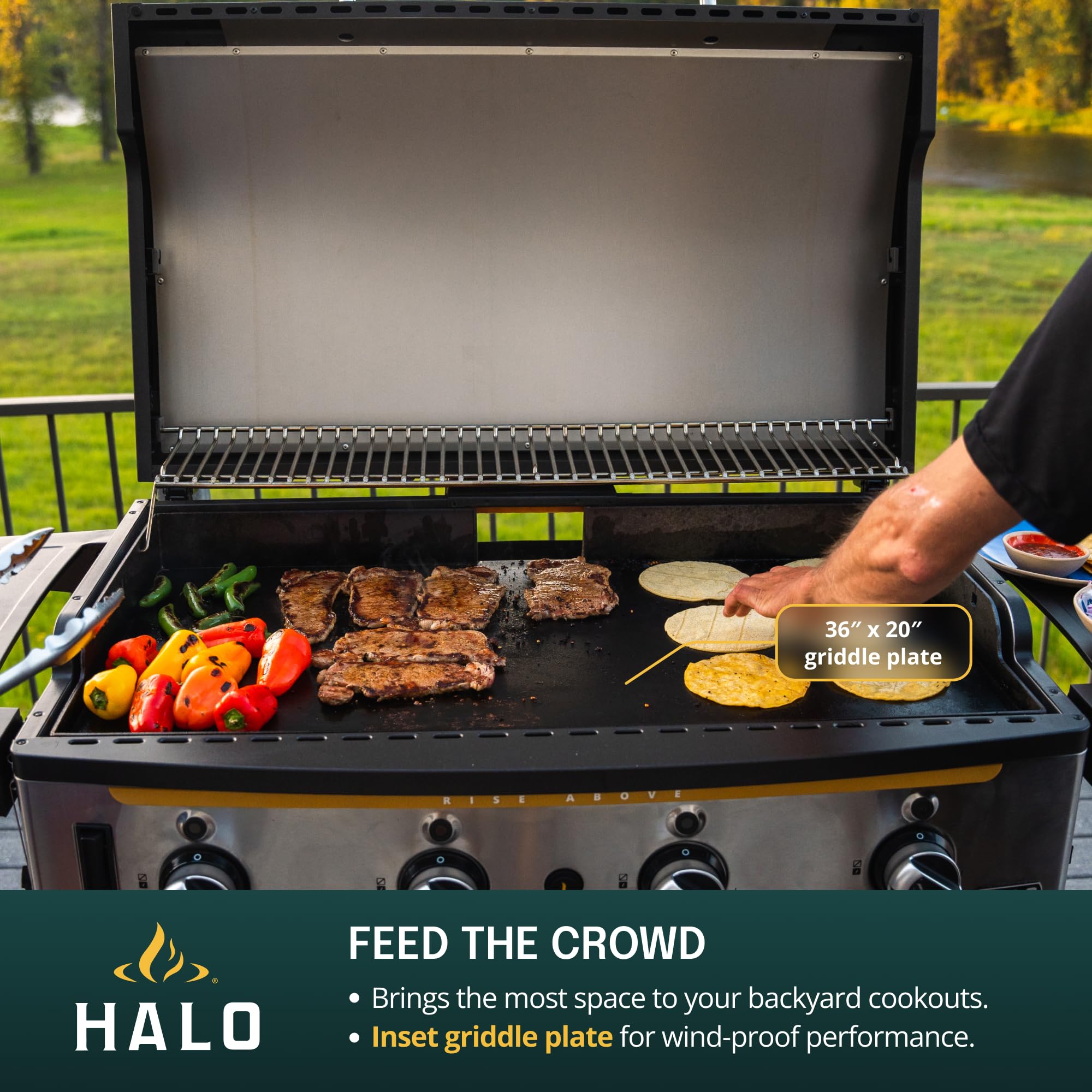 HALO Elite1B Outdoor Griddle | 2 Cooking Zones | 284sq. In. (21″ x 13.53″) Wind-Proof Cooking Surface | Portable Flat Top for Camping, Tailgates, and Patios | Propane Gas Grill | HZ-1007-ANA