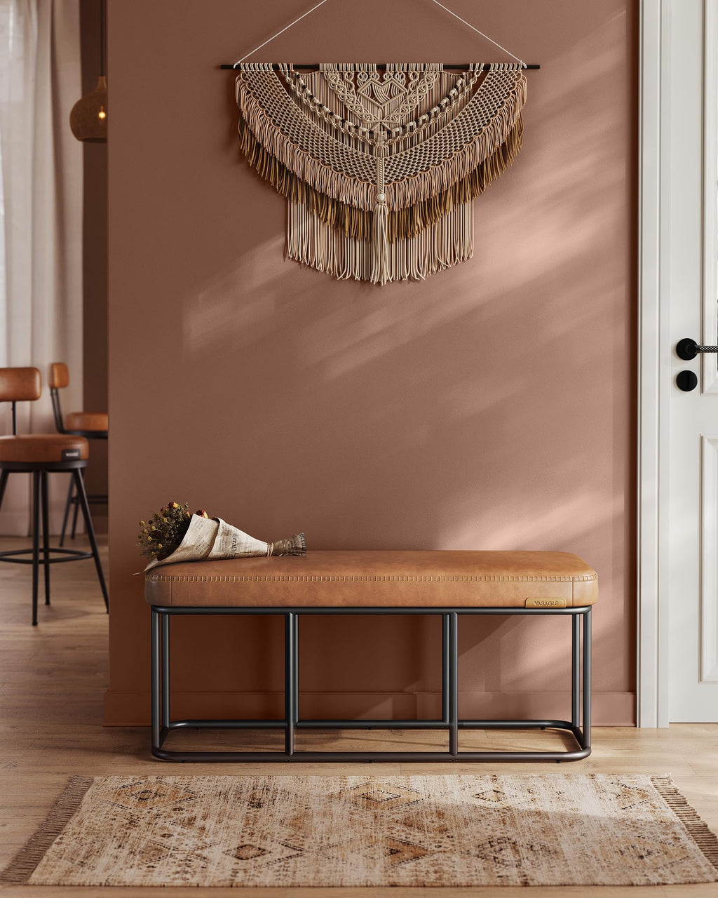 VASAGLE EKHO Collection - Storage Ottoman Bench, Entryway Bedroom Bench, 15 Gallons, Synthetic Leather with Stitching, Mid-Century Modern, Safety Hinges, Loads 660 lb, Caramel Brown ULOM074K01
