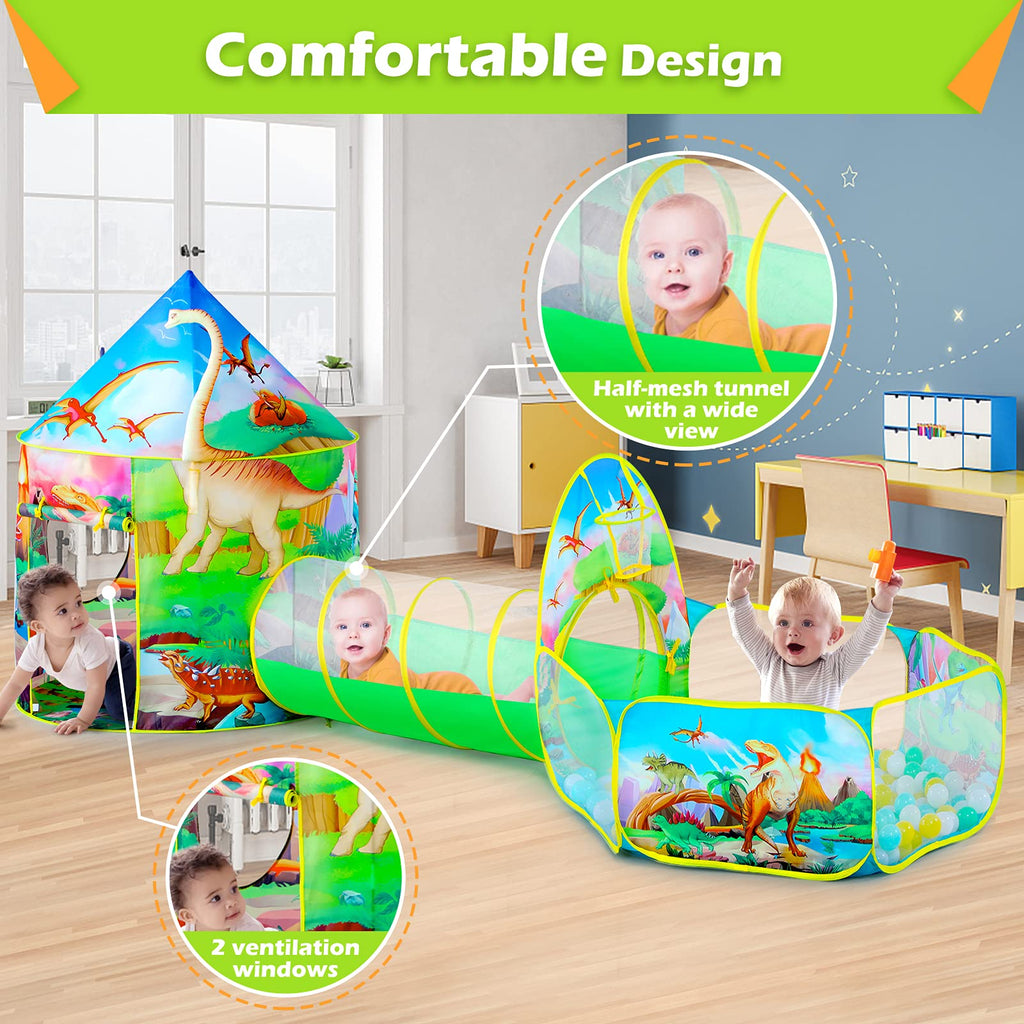 GeerWest 3PC Dinosaur Tent for Girls with Kids Ball Pit, Kids Play Tents and Crawl Tunnel for Toddlers, Pink Pop Up Playhouse Toys for Baby Indoor& Outdoor Tent Games, Birthday Kid’s Gifts