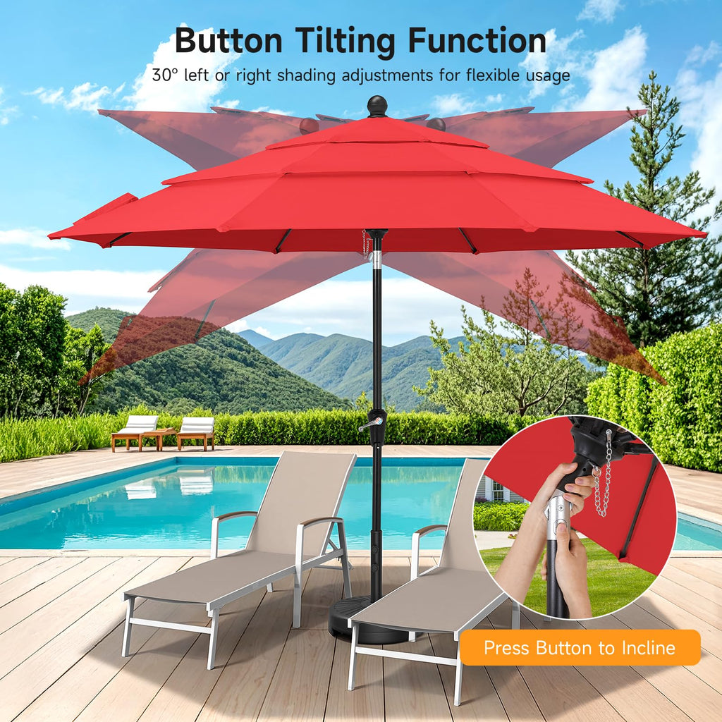 ONBRILL 10 FT Patio Umbrella, 3 Tier Outdoor Table Umbrella with 8 Sturdy Glass Fiber Ribs and Push Button Tilt, Outdoor Patio Umbrellas for Market Pool Garden Backyard, 1.5" Pole, Blue (No Base)