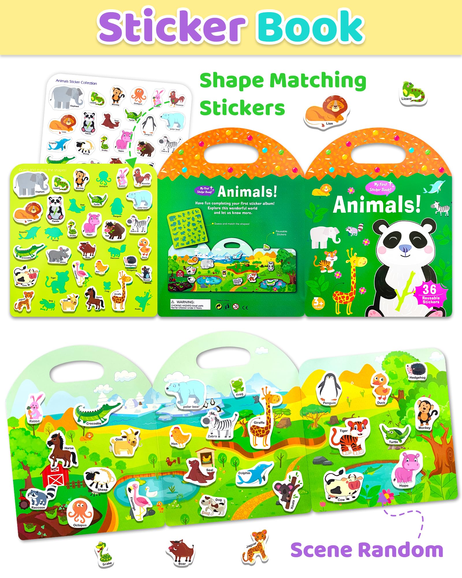 Benresive Reusable Sticker Book for Toddlers, Stickers for Kids, Travel Toys for Arts & Crafts Activities, Birthday Gift for Boys & Girls, Animals Dinosaurs Insects Themes