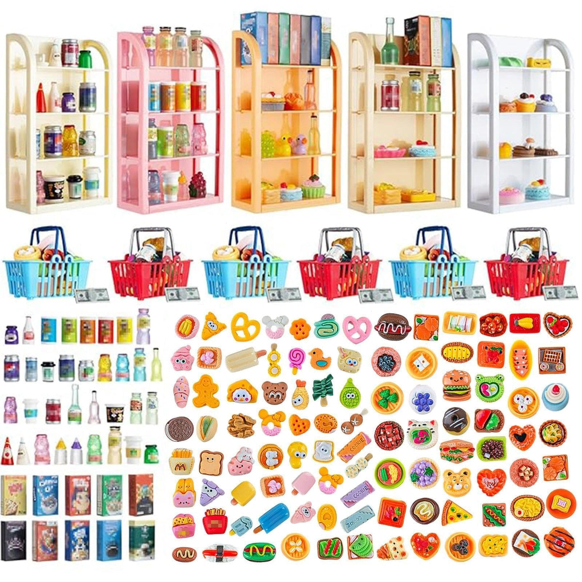 134pcs Mini Shopping Cart Basket Miniature Food Drink Bottle Supermarket Metal Handcart Toys Doll House Store Cosplay Game Dollhouse Grocery Fruit Cake Bread Party Trolley Model Dollar Bills