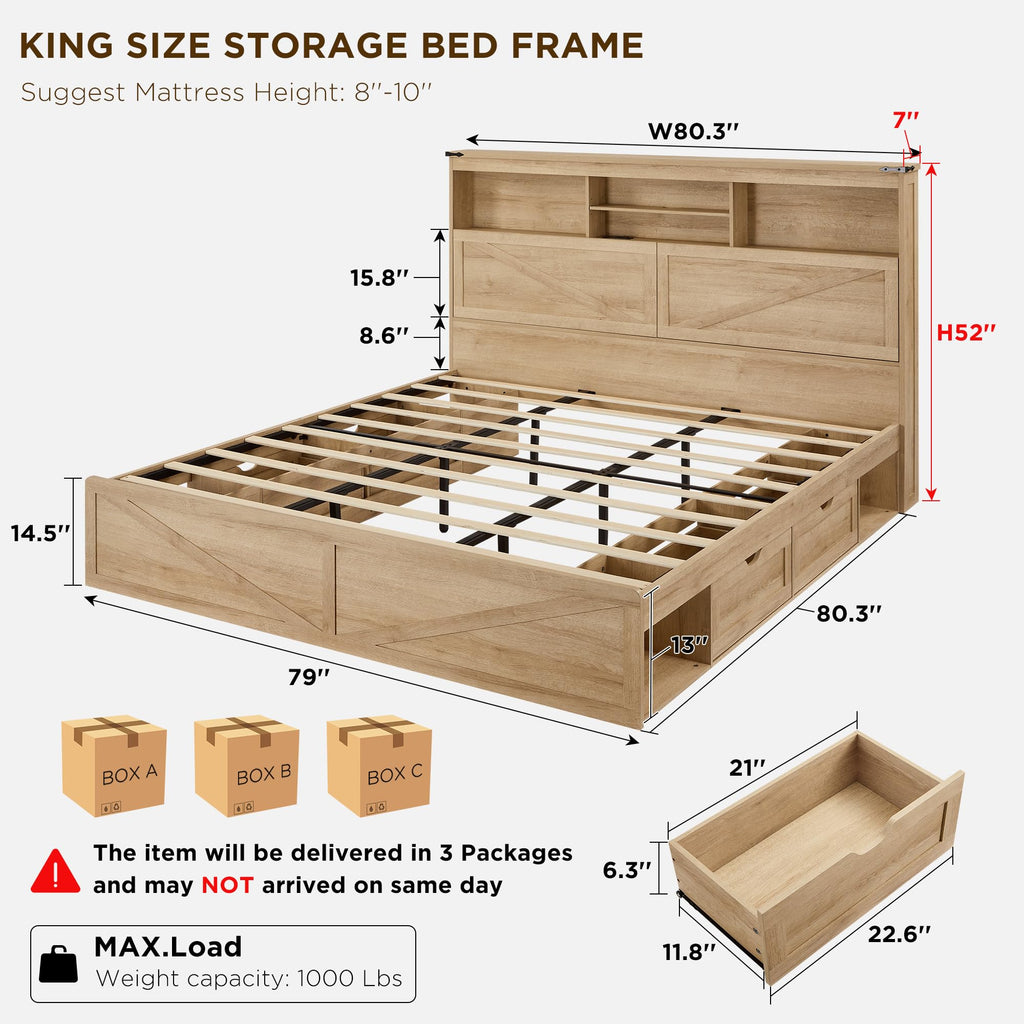 ACCOHOHO Farmhouse Queen Size Bed Frame with 52" Storage Bookcase Headboard and 4 Drawers,Wood Bed Frame with LED Light and Charging Station,Natural Oak
