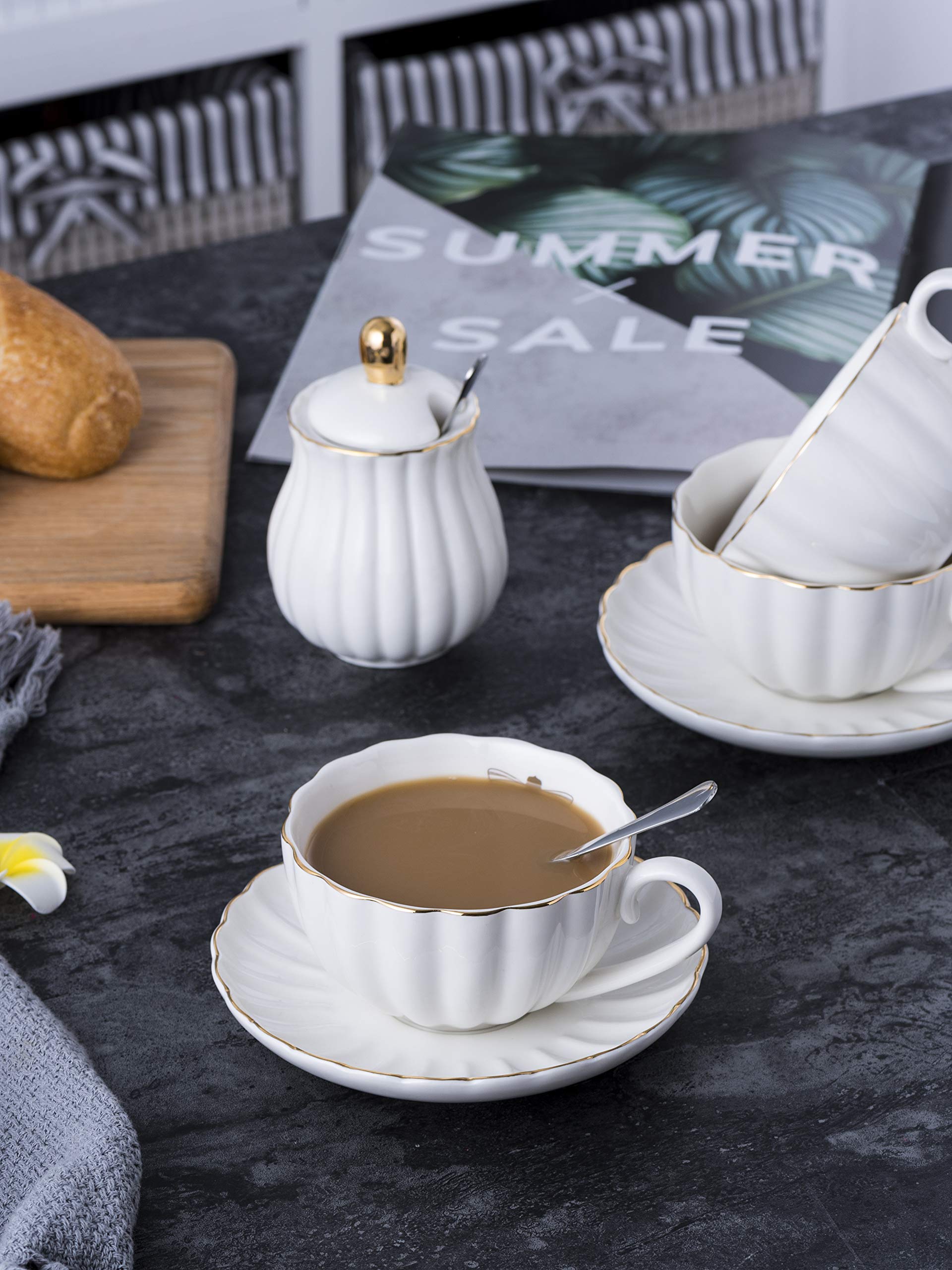 Jusalpha Serve for 6- Fine China Pink Coffee Cup/Teacup Set, 8 OZ Cups& Saucer, with Teapot-Sugar Bowl-Cream Pitcher Teaspoons and tea strainer for Tea/Coffee (Lavender, Serve of 6)