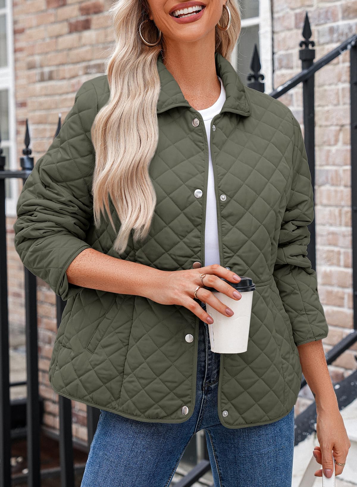 Dokotoo Women's Winter Quilted Jackets Long Sleeve Button Down Diamond Puffer Jacket Outerwear Coats with Pockets