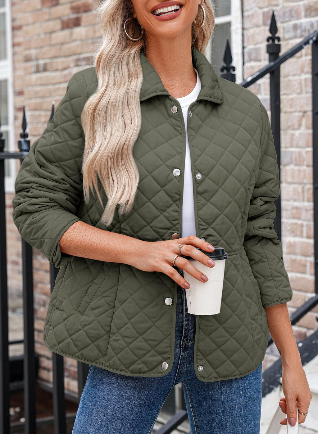 Dokotoo Women's Winter Quilted Jackets Long Sleeve Button Down Diamond Puffer Jacket Outerwear Coats with Pockets