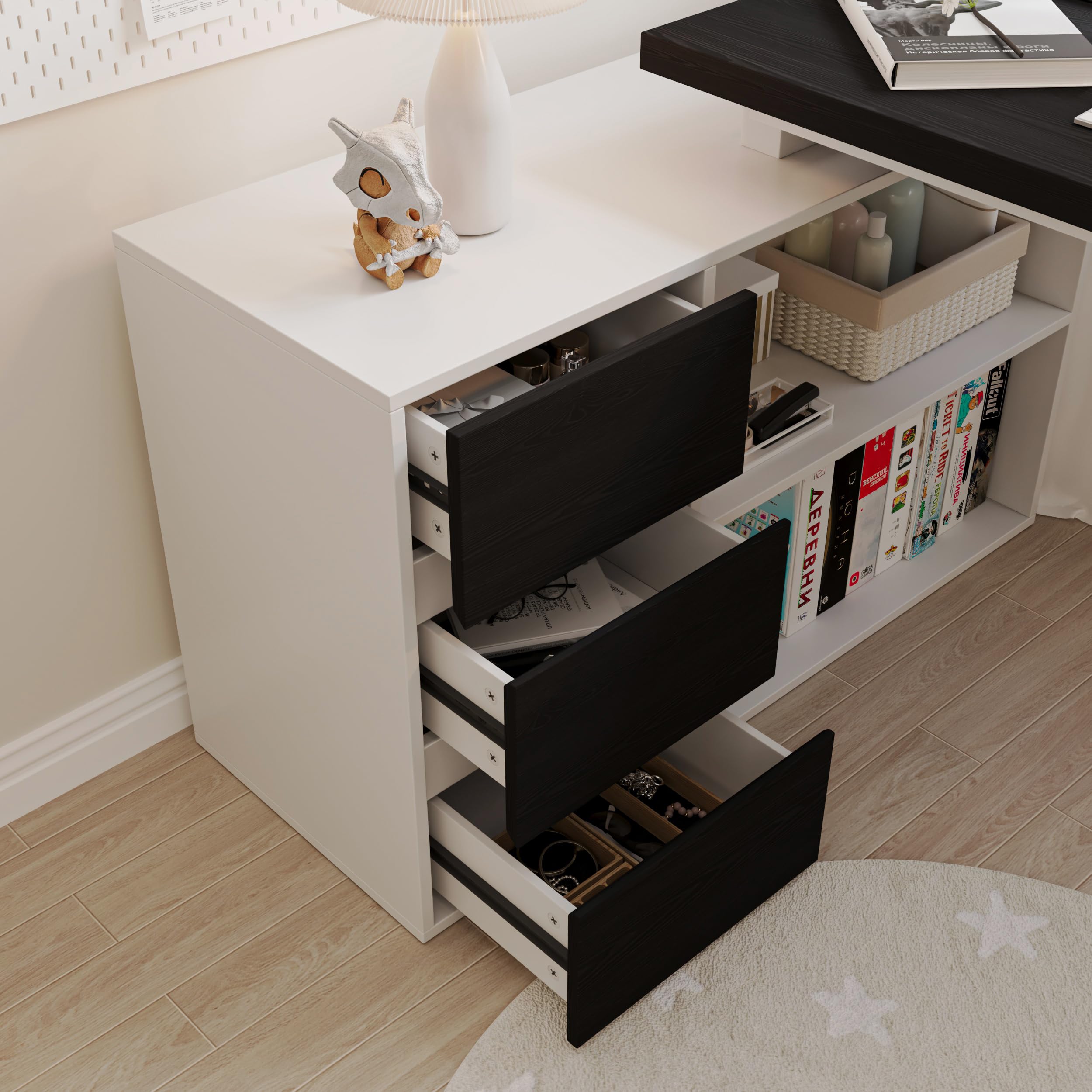Bobve L Shaped Computer Desk, 47 Inch Home Office Desk with File Drawers & Storage Shelves, Small Corner Computer Desk for Small Space (Black + White)