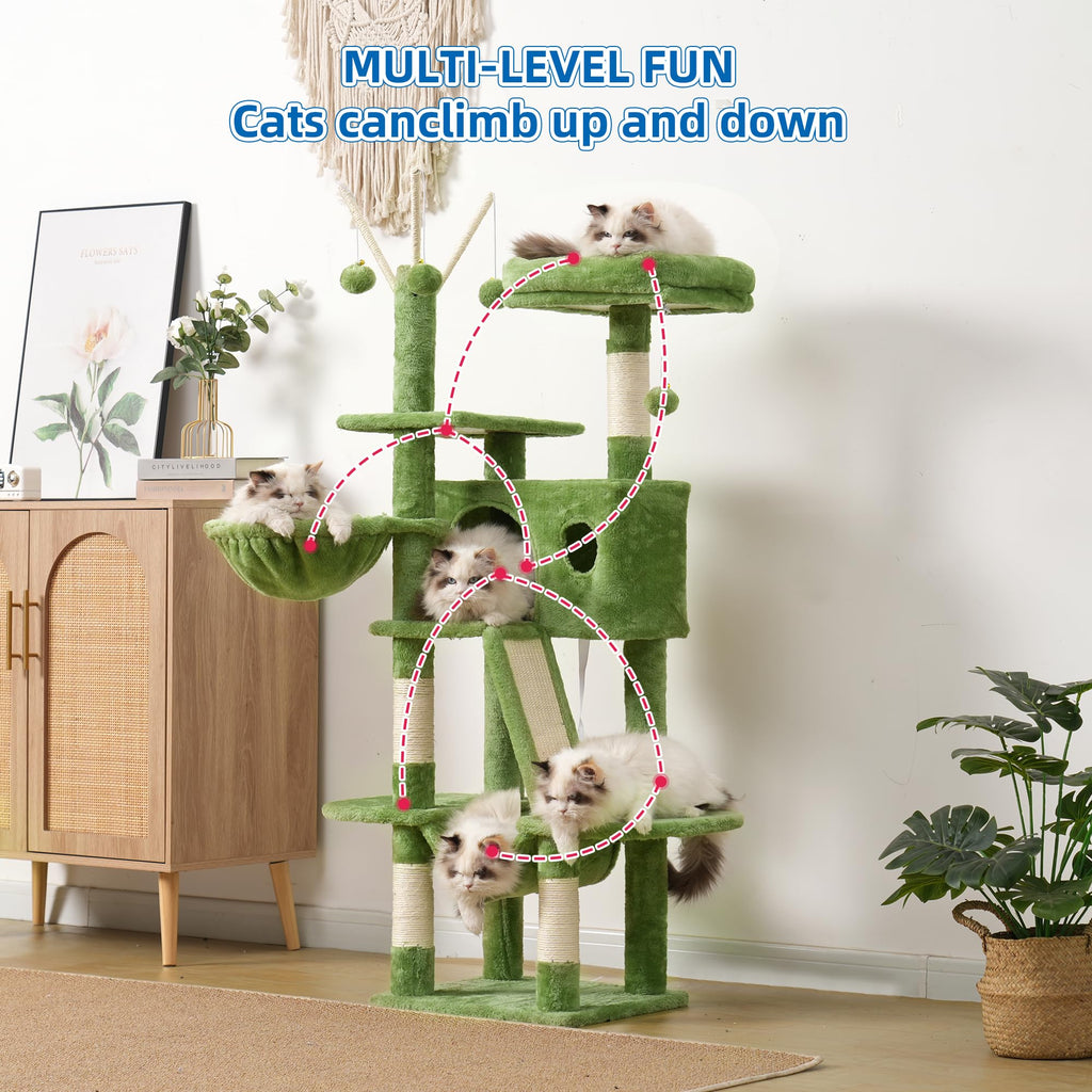 Hey-brother Cat Tree, 53 inch Cat Tower for Indoor Cats, Cat House with Padded Platform Bed, Toy Balls, Large Cozy Condo, Hammocks and Sisal Scratching Posts, Beige MPJ019-SM