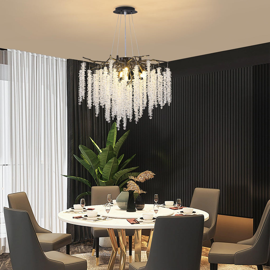 Modern Crystal Raindrop Chandelier, L40'' Black Linear Rectangle Art Deco Tree Branch Lighting Fixture for Kitchen Island Living Room Foyer Staircase 10 Lights