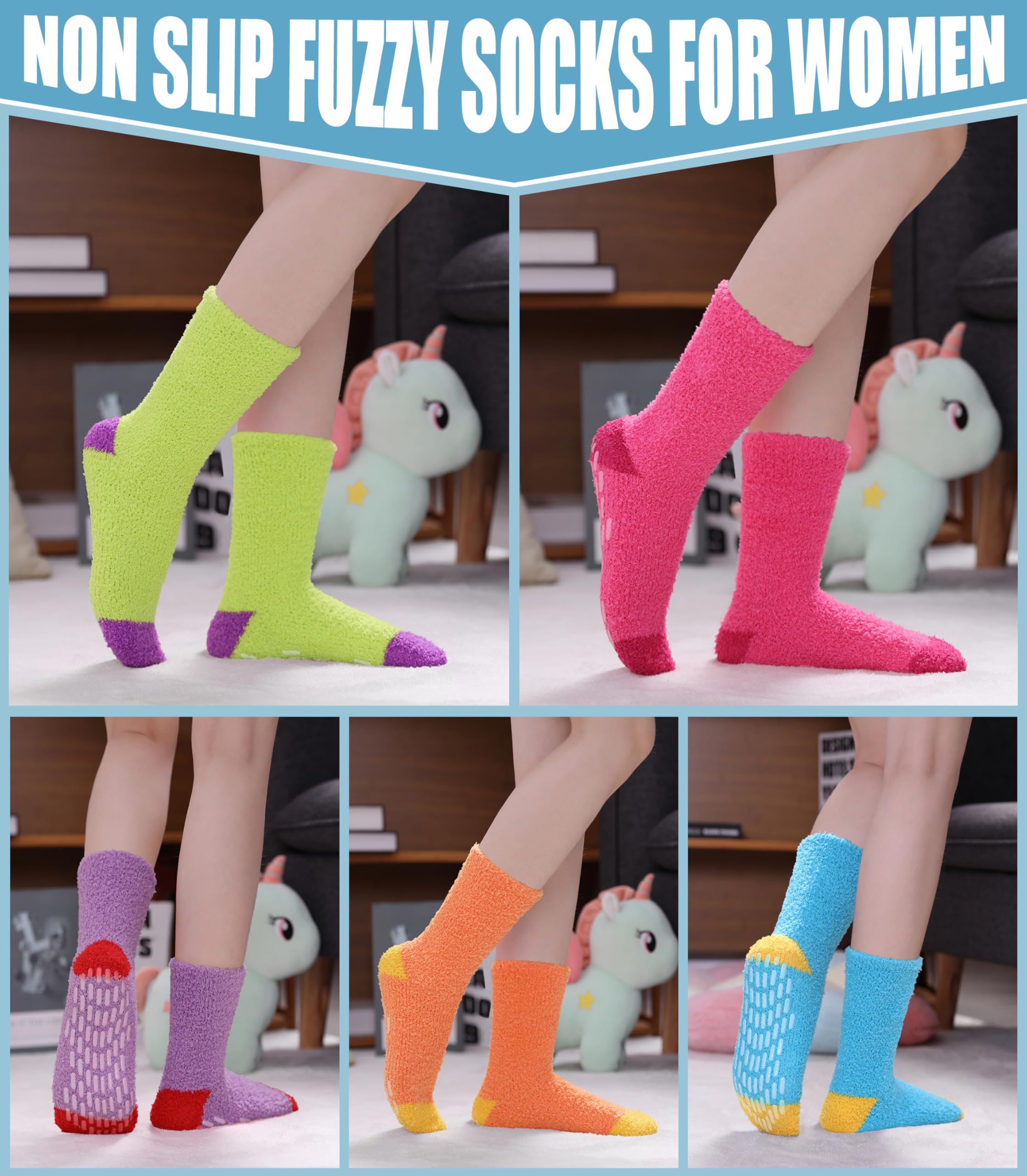 Yebing Non Slip Hospital Socks for Women with Grips Fuzzy Cozy Anti Skid Slipper Socks Winter Warm Soft Fluffy Sleep Socks