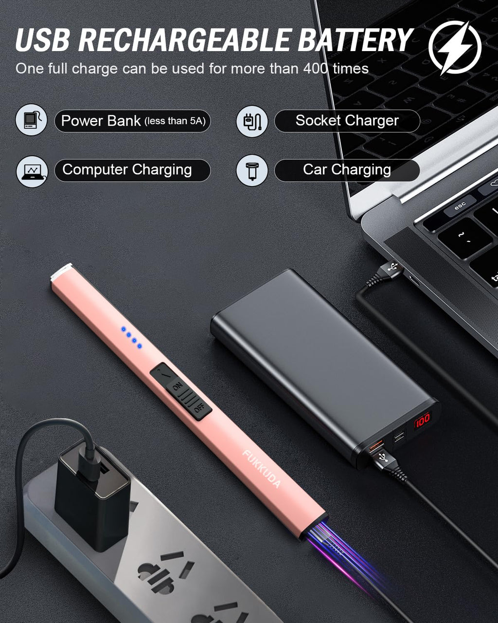 FUKKUDA Electric Candle Lighter with Safety Switch - USB Rechargeable Windproof & Flameless Plasma Arc Lighter for Easter Basket Stuffers (Rose Gold)