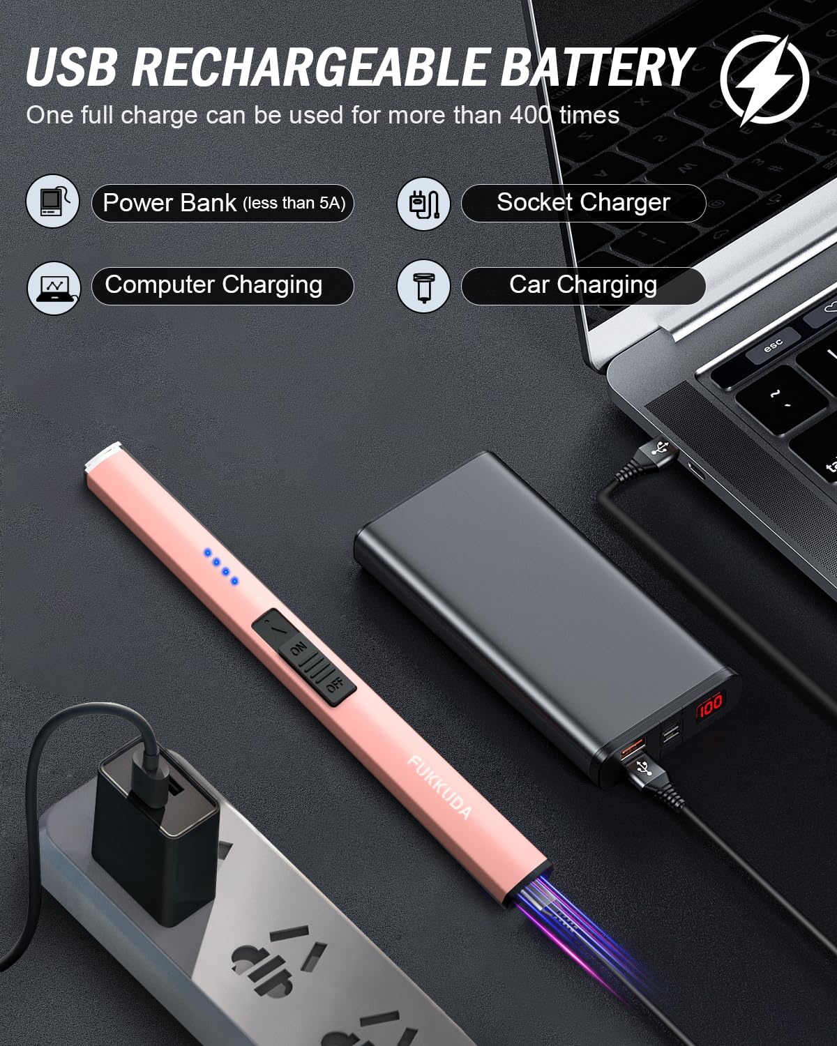 FUKKUDA Electric Candle Lighter with Safety Switch - USB Rechargeable Windproof & Flameless Plasma Arc Lighter for Easter Basket Stuffers (Rose Gold)