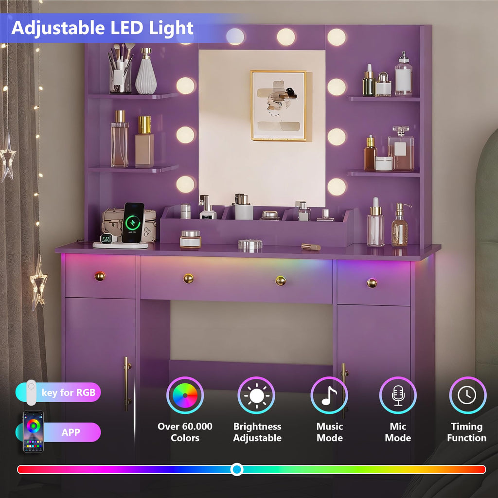 HUANLEGO Vanity Desk with Mirror and Lights, Makeup Vanity with Mirror and LED Lights & Power Outlet, 3 Drawers and Cabinets, 3 Lighting Modes Dressing Table Set for Girls Women Bedroom,Oak