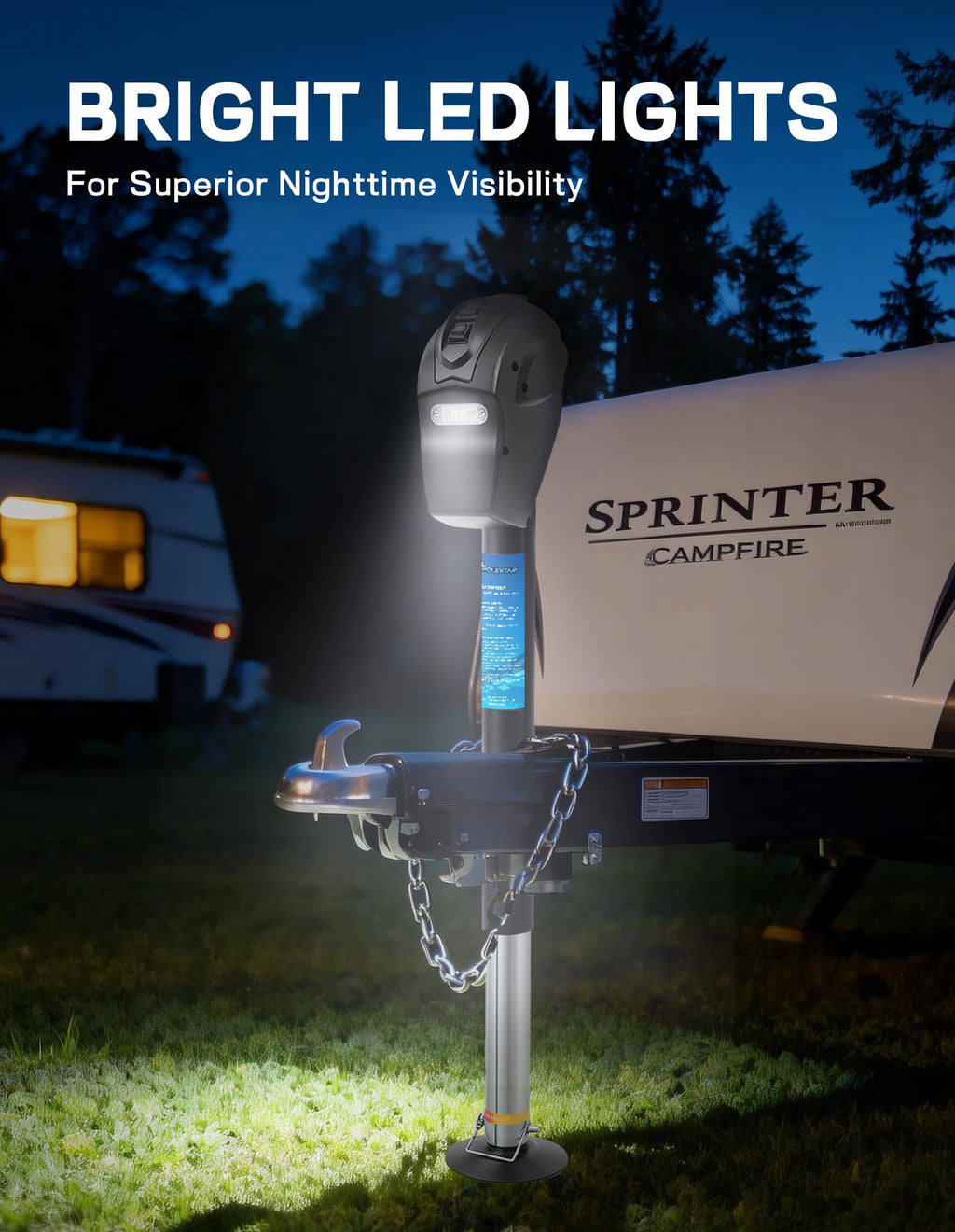 POLESTAR Electric Trailer Jack, 3500lbs Electric Power A- Frame Tongue Jack with Waterproof Protective Cover & LED Light for Travel Trailer Camper, RV, 12V DC with Hard Wiring, 9"-27" Lift