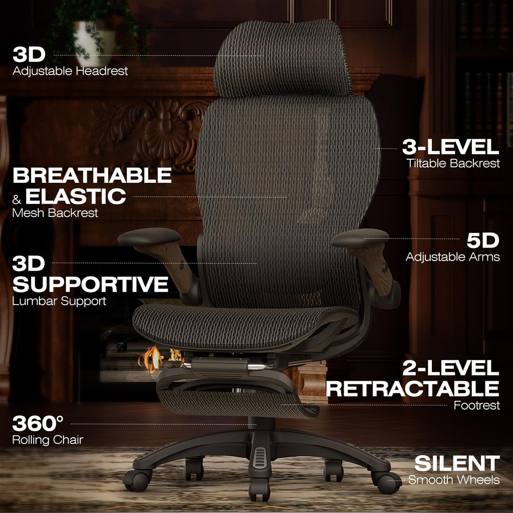 ELABEST X100 Ergonomic Office Chair with Footrest, Big and Tall Home Desk Chair with 5D Flip-Up Arms, Adjustable 3D Lumbar Support,High Back Rolling Computer Chair, Swivel Mesh Chairs (Coffee Break)
