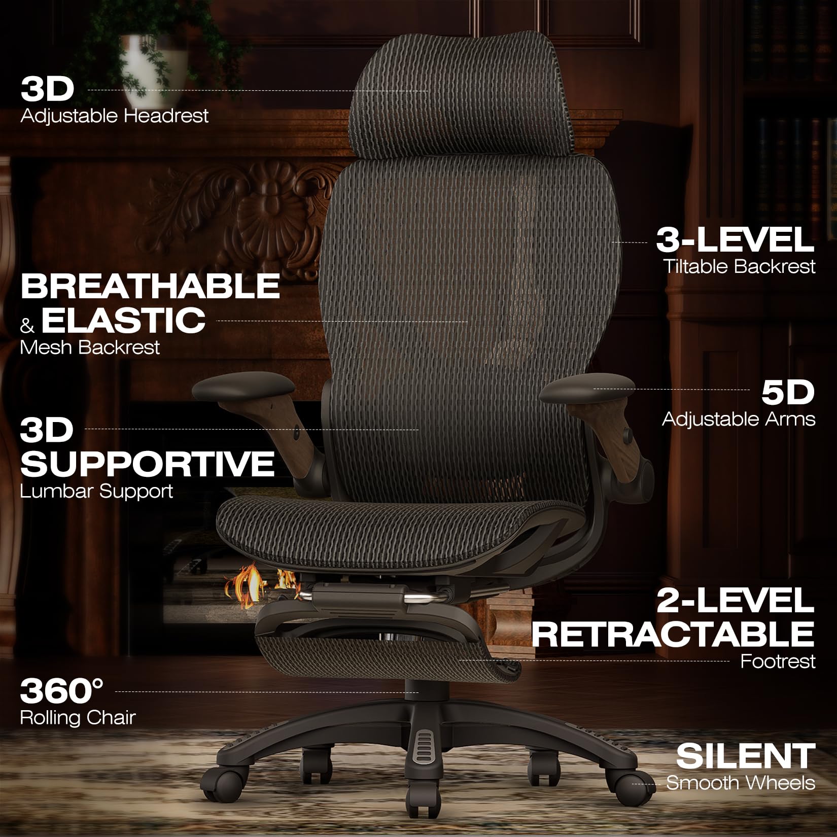 ELABEST X100 Ergonomic Office Chair with Footrest, Big and Tall Home Desk Chair with 5D Flip-Up Arms, Adjustable 3D Lumbar Support,High Back Rolling Computer Chair, Swivel Mesh Chairs (Coffee Break)