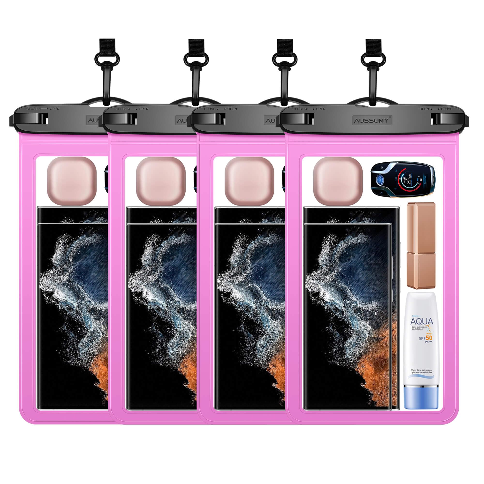 4 Pack 10.5“ Large Waterproof Phone Pouch - Underwater Clear Cell Holder - Universal Water Proof Dry Bag with Neck Lanyard for iPhone 16 Pro Max Samsung Galaxy with Heavy Case for Beach Swimming Pool
