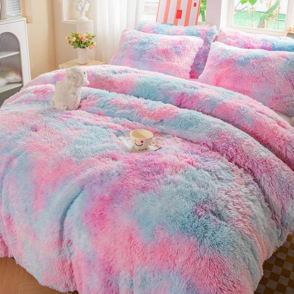 Faux Fur Kids Girls Purple Rainbow Comforter Sets Twin/Full - 3PC Bed Set Warm Comfortable Soft Plush Flannel Velvet Fluffy Fuzzy Bedding（Comforter x 1 Pillowcases x 2）