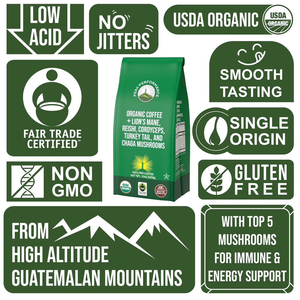 Peak Performance High Altitude Organic Coffee - Fair Trade, Low Acid, Non GMO, and Beans Full of Antioxidants - Medium Roast Smooth Tasting USDA Certified Organic Ground Coffee Bag 12 oz