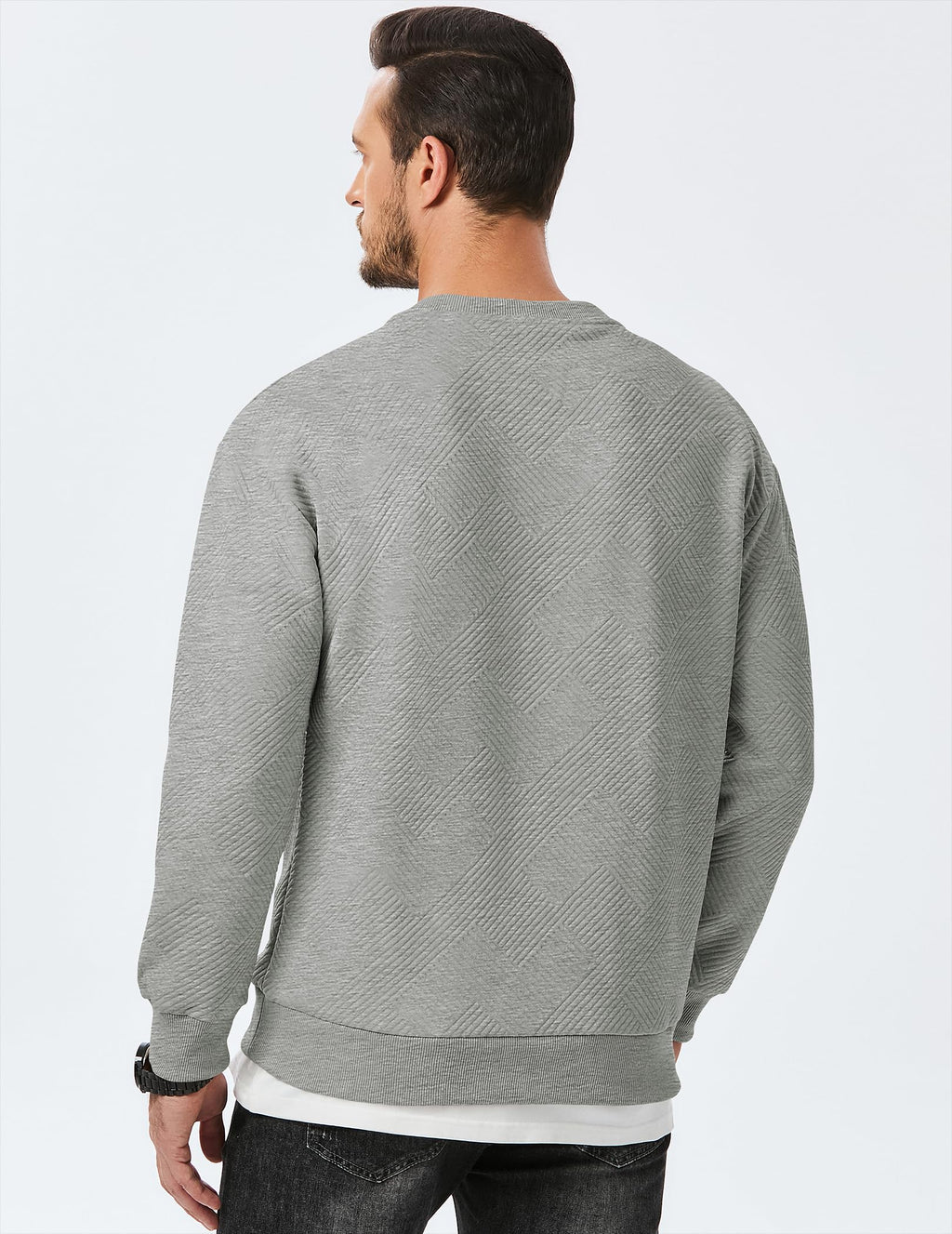 Dokotoo Men Men's Crewneck Sweatshirts Soild Color Geometric Texture Long Sleeve Casual Pullover Shirt