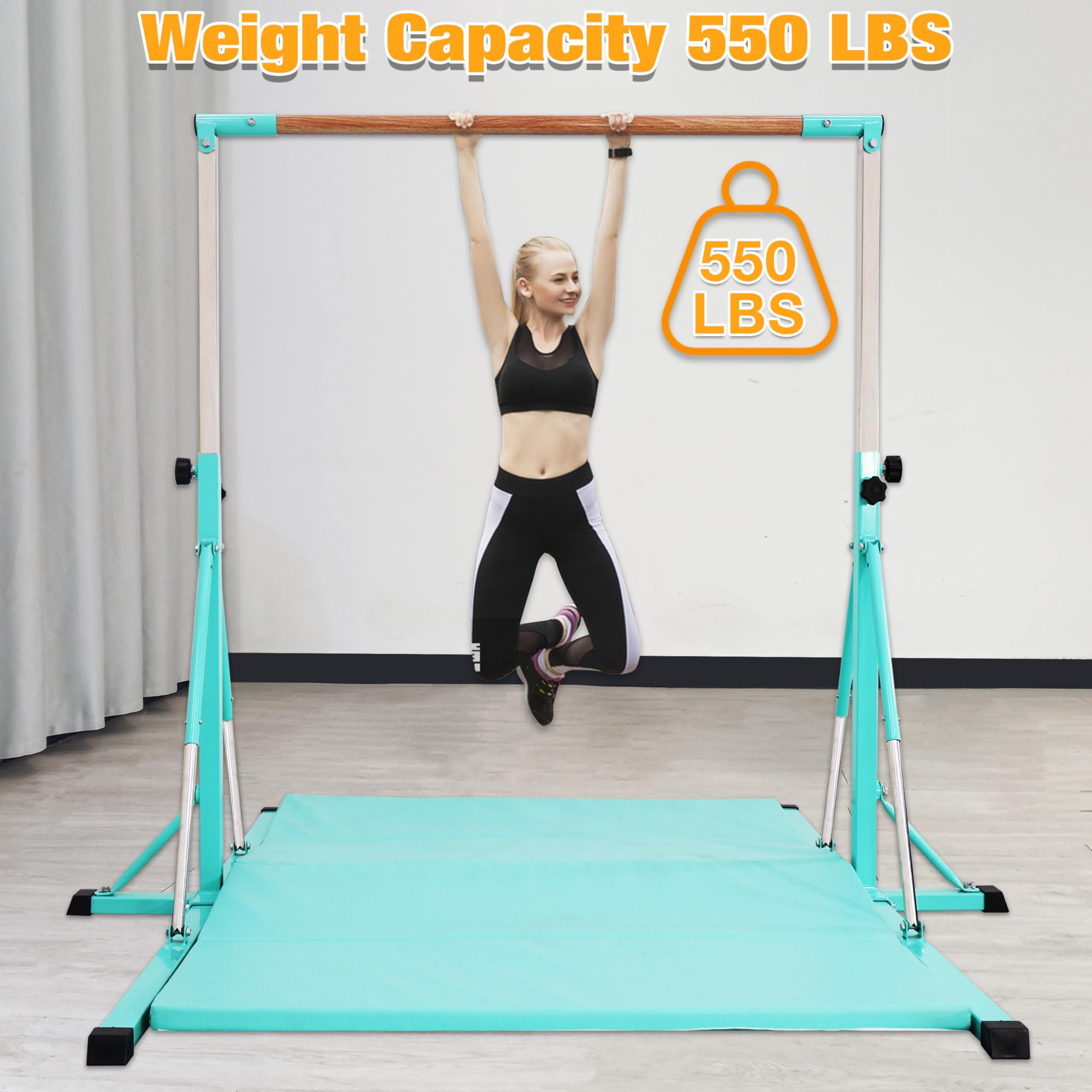 FC FUNCHEER Gymnastics Bar for Kids Ages 3-15, 35" to 60" Adjustable Height, 4FT Wide Base - Professional Kip Bar with 360° Stability & Fiberglass Crossbar, Easy Fold&Solid Design for Home Training
