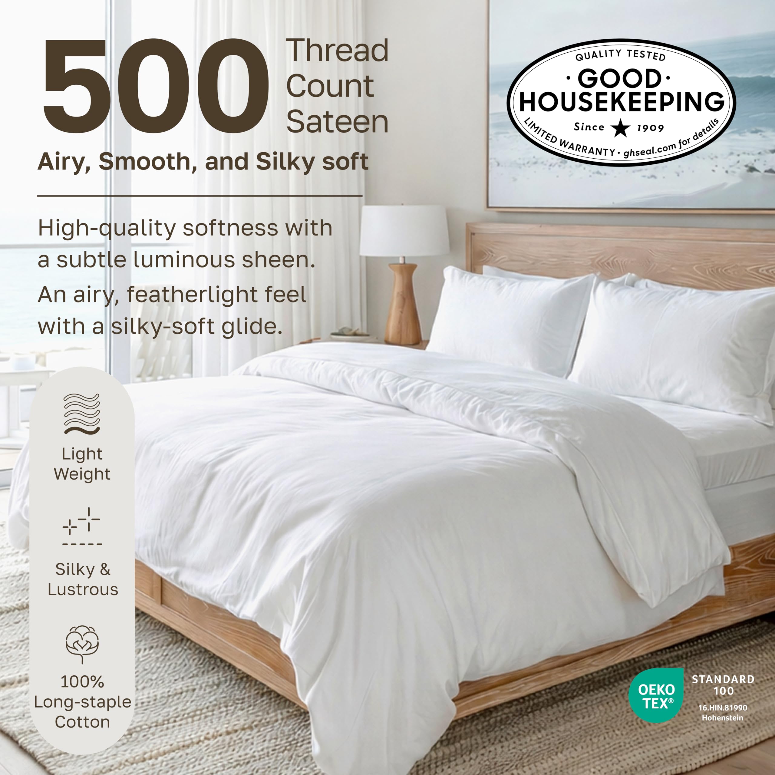 CALIFORNIA DESIGN DEN Soft & Silky 500 Thread Count 100% Cotton is Cool & Smooth, White Pillowcases Queen Size Fits Standard & Queen Pillows (Pure White)