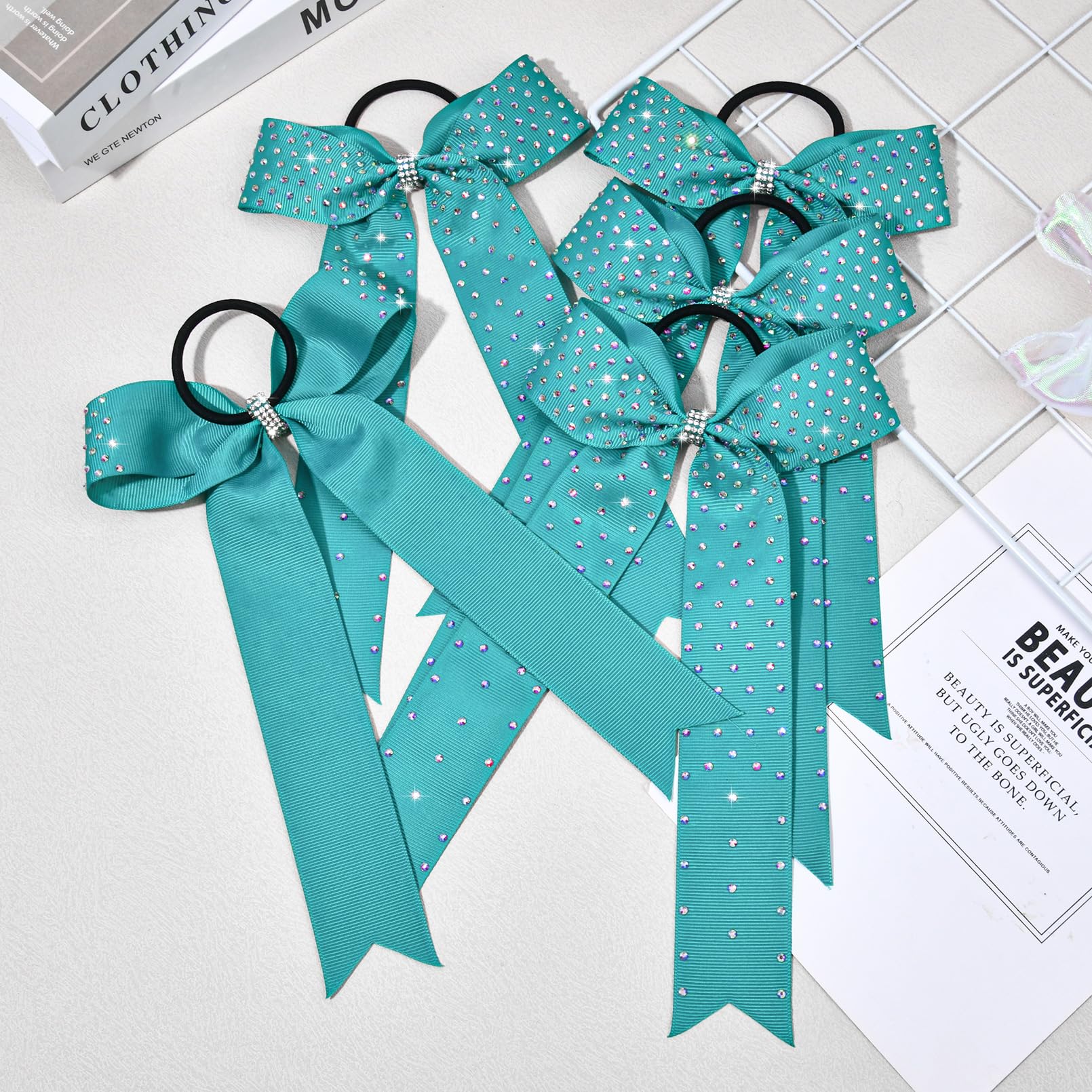 DEEKA 12 Count Collegiate Style Cheer Bows, Forest Green with Rhinestones, Handmade Bows for Girls Teens Cheerleader Sports