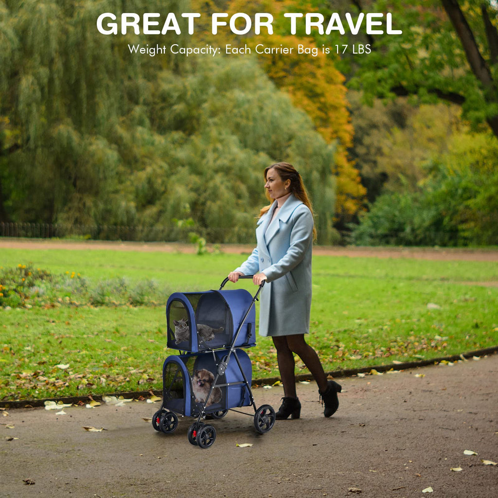 Giantex Double Pet Stroller with 2 Detachable Carrier Bags, Safety Belt, 4 Lockable Wheels, Folding Cat & Dog Stroller for Small Medium Pets, Cats Dogs Puppy Travel Strolling Cart (Beige)