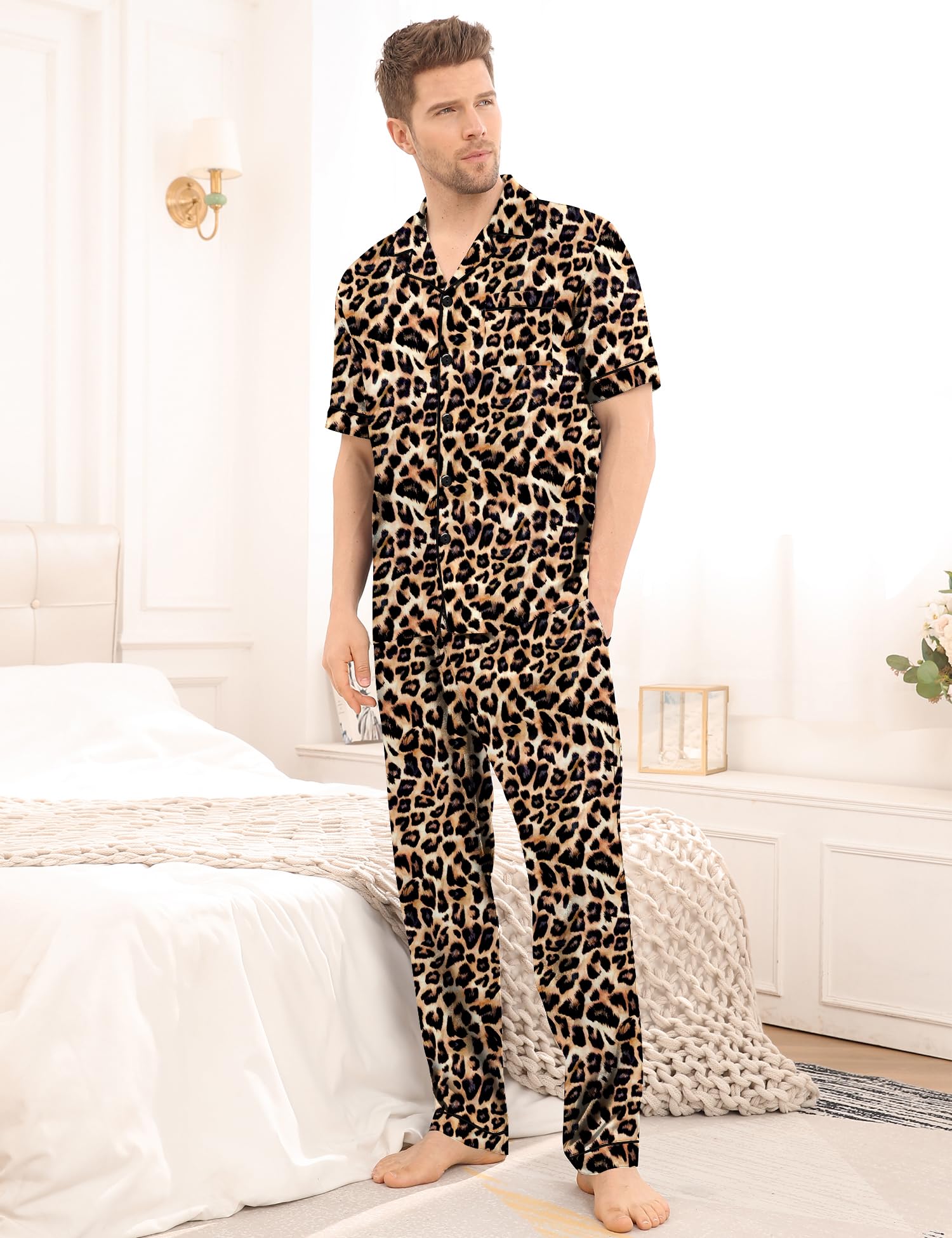 SWOMOG Mens Satin Pajama Set Short Sleeve Classic Sleepwear Button Down Silky Loungewear with Long Pants