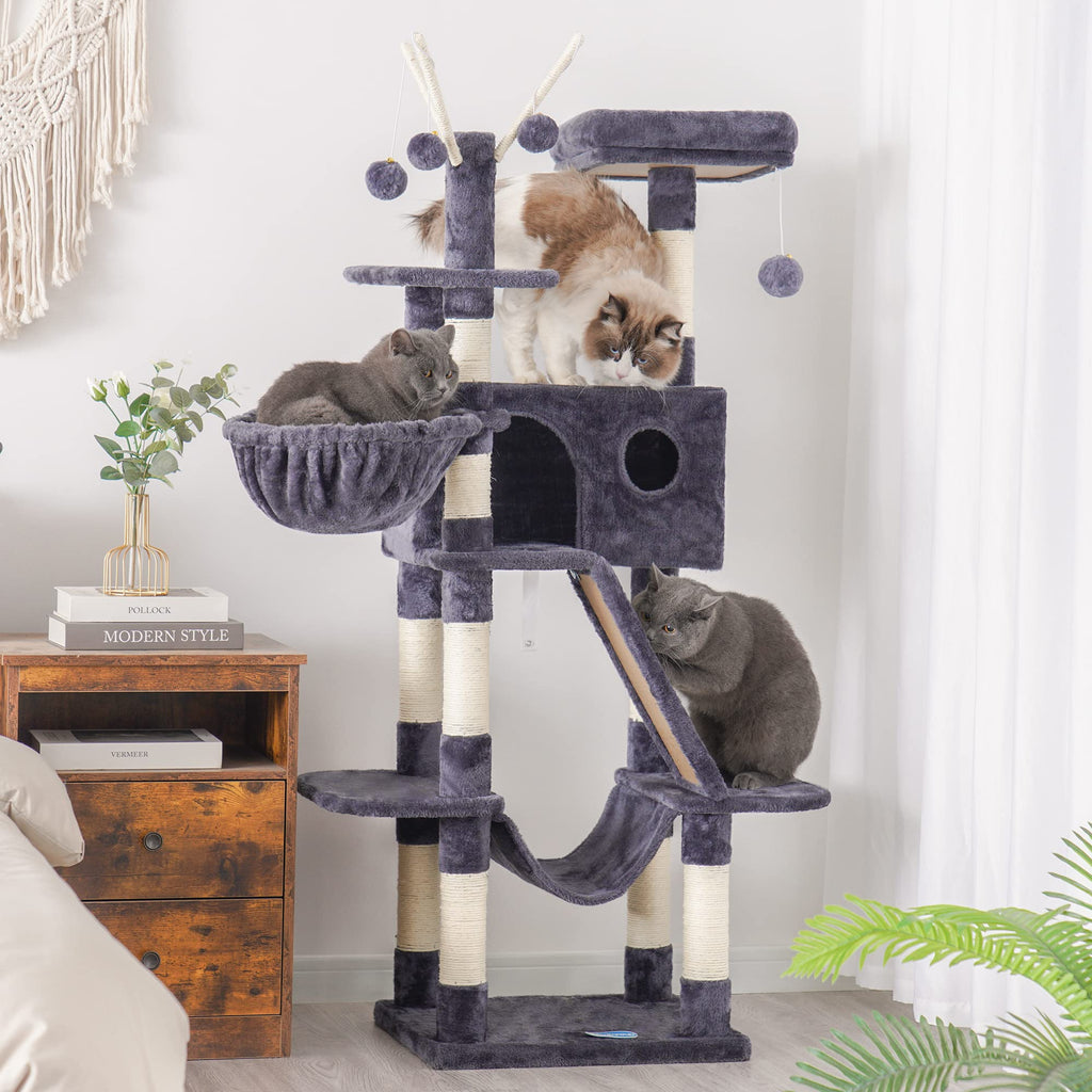 Hey-brother Cat Tree, 53 inch Cat Tower for Indoor Cats, Cat House with Padded Platform Bed, Toy Balls, Large Cozy Condo, Hammocks and Sisal Scratching Posts, Beige MPJ019-SM