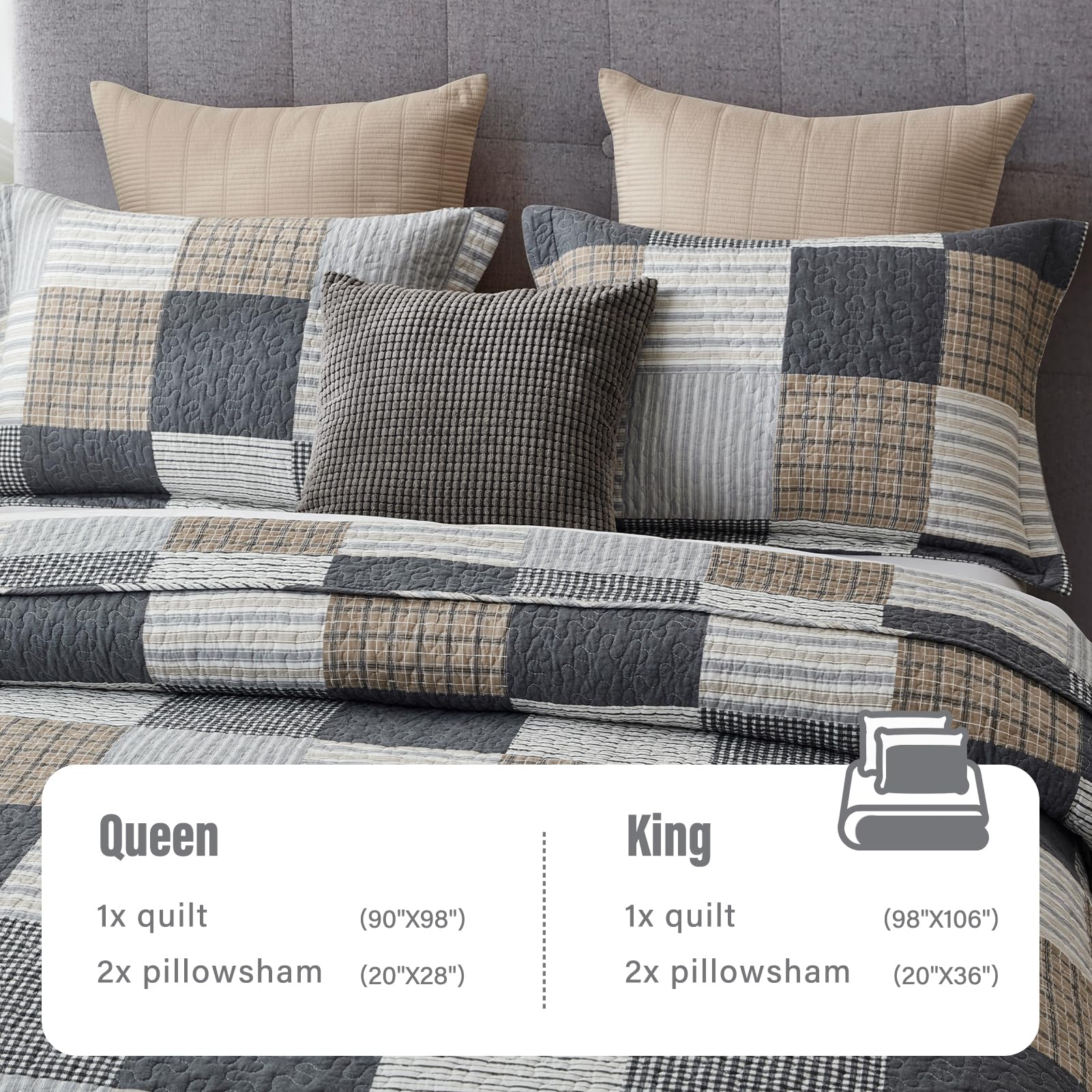 Y-PLWOMEN 100% Cotton Farmhouse Plaid Lightweight 3-Pieces Quilt Set (Blue Brown, Queen90 * 98 Inch)