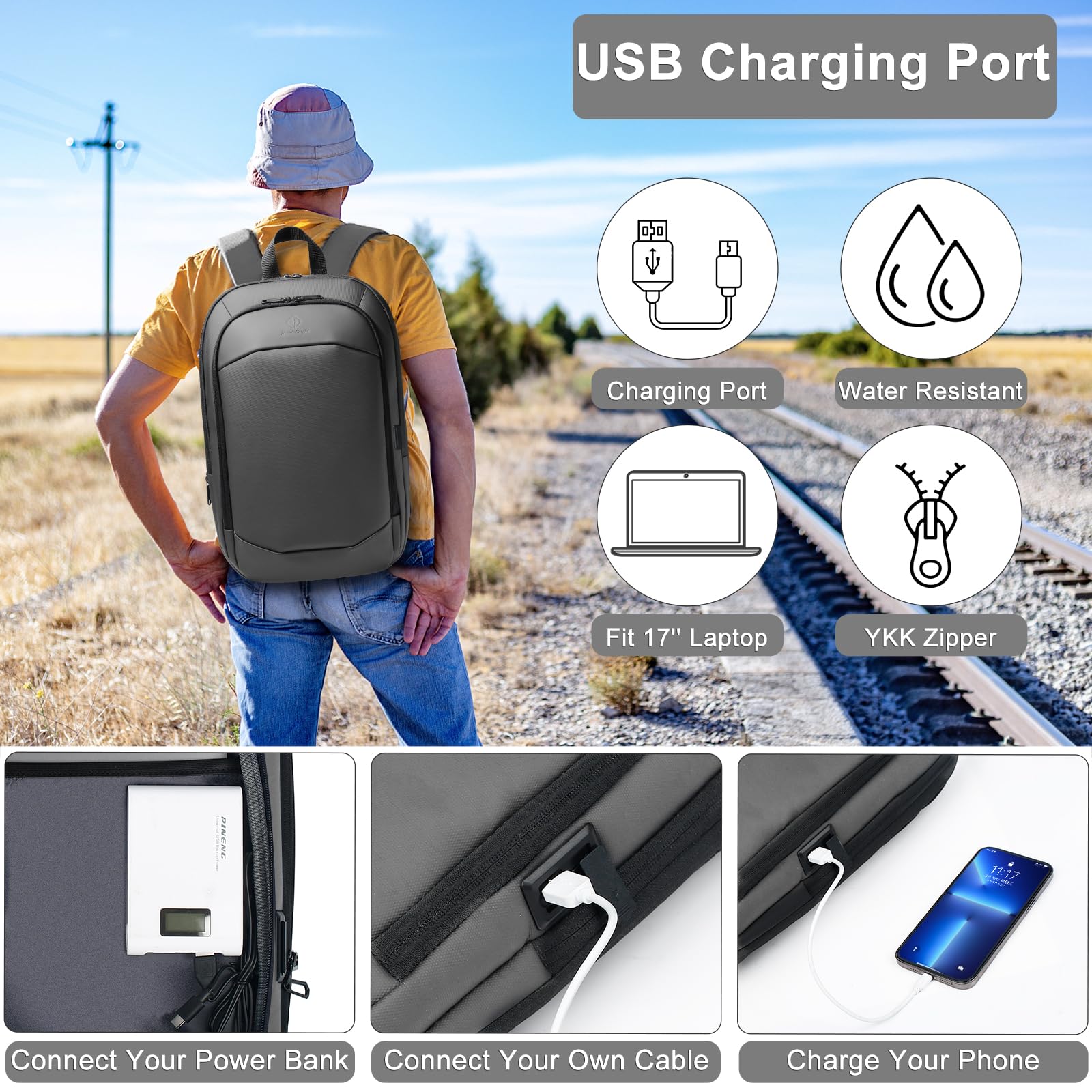 hk Business Backpack for Men 15.6 Inch,Slim & Expandable Waterproof Travel Laptop Backpack, Anti-Theft Lightweight Work Computer Bag, College Laptop Backpacks Gifts for Men Women-Black
