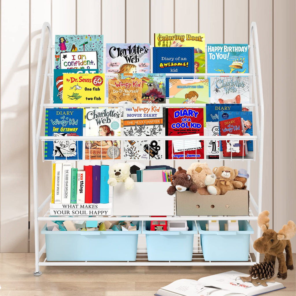 aboxoo Metal Kids Bookshelf Black Large Freestanding for Children Room 32 in Toy Organizer Large Stable Bookcase Bookstore Library Book Unit Storage Kids Bed Living Room