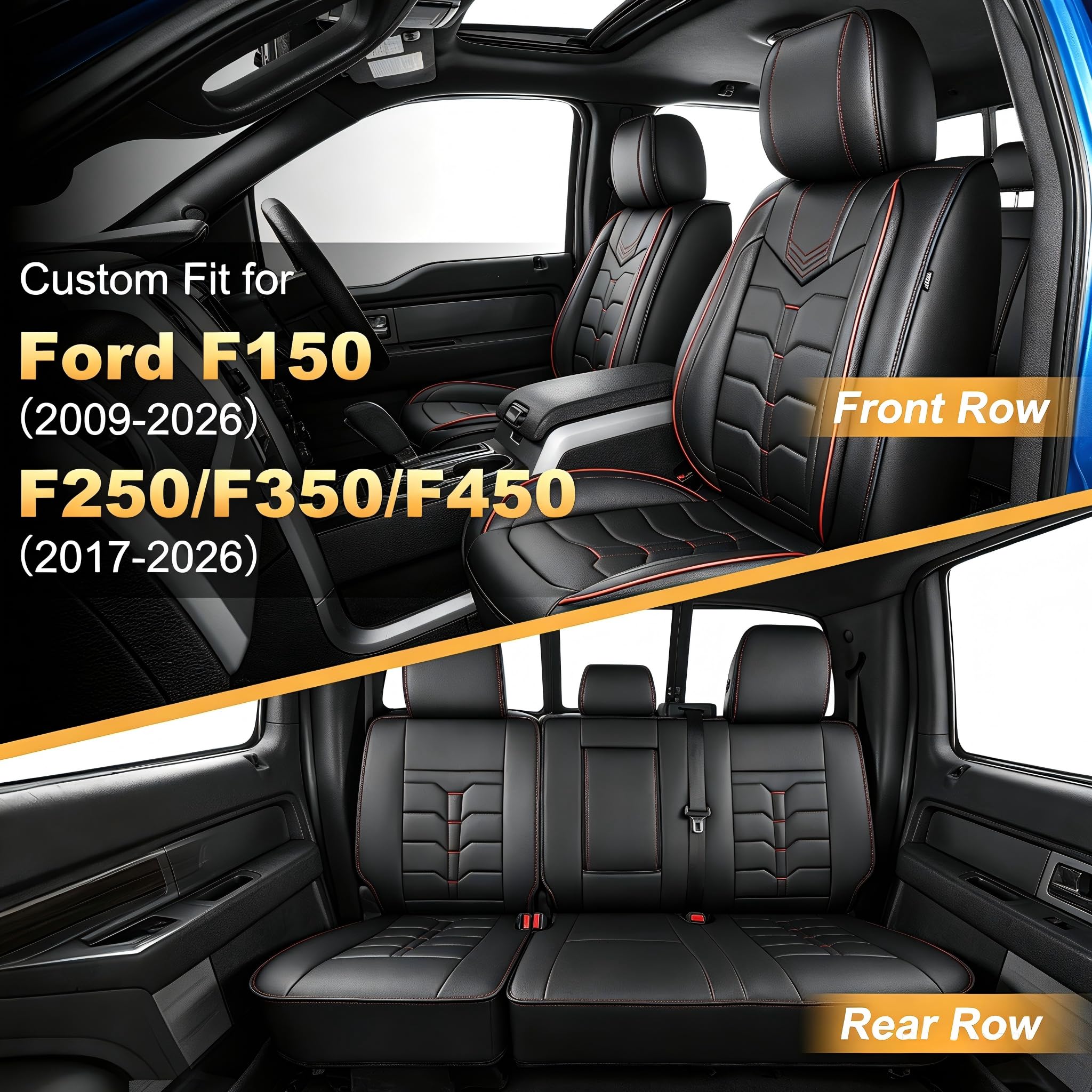 AOMSAZTO Seat Covers Fit for Ford F150 : 2009-2024 2025 2026 - F250/F350/F450 2017-2024 2025 2026 Truck Pick-up Front Car Seat Covers Faux Leather(Blackline, 2PCS Front)