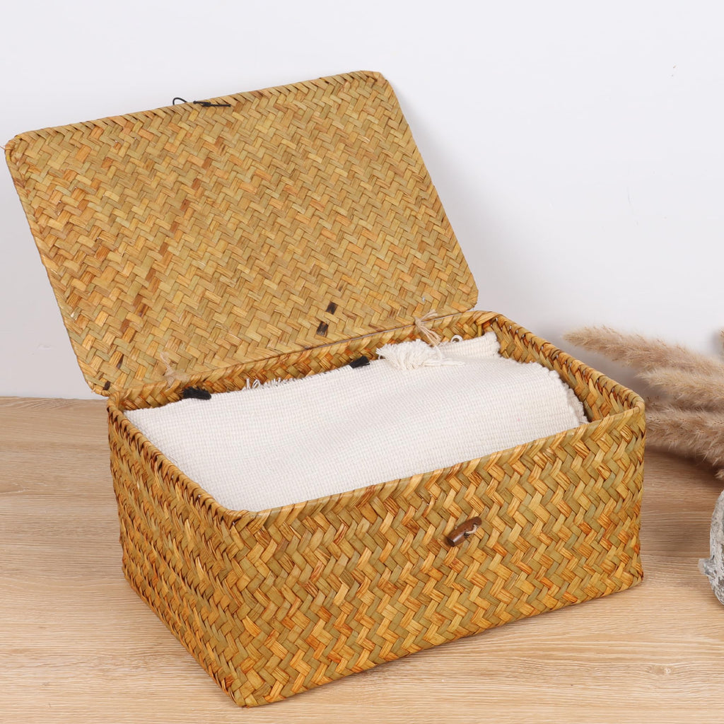 FEIALNDUO Wicker Shelf Baskets with Lid,Seagrass Storage Basket Bins Rectangular Handwoven Basket Boxes for Shelves Desktop Home Organizer (Coffee, X-Small)