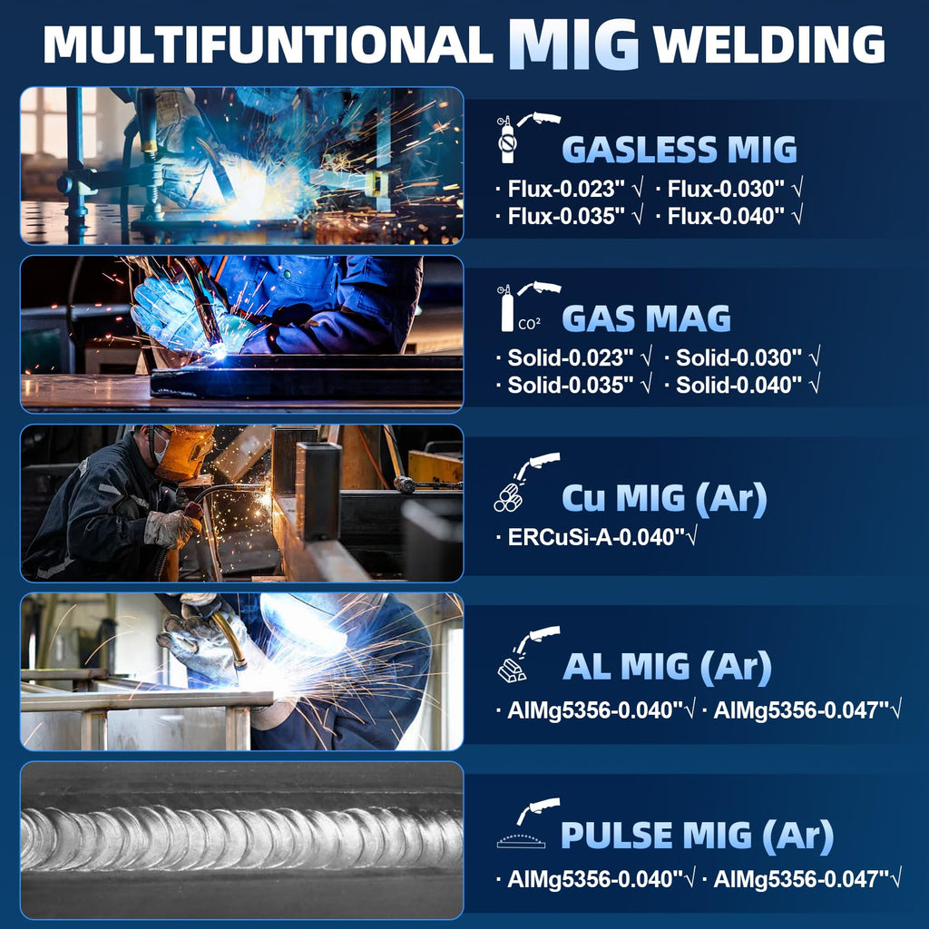 AZZUNO MIG Welder Machine 110V/220V, 155Amp 5-in-1 Gas MIG/Aluminum MIG/Gasless Flux MIG/Lift TIG/Stick Welding Machine, Wire Feed Welder