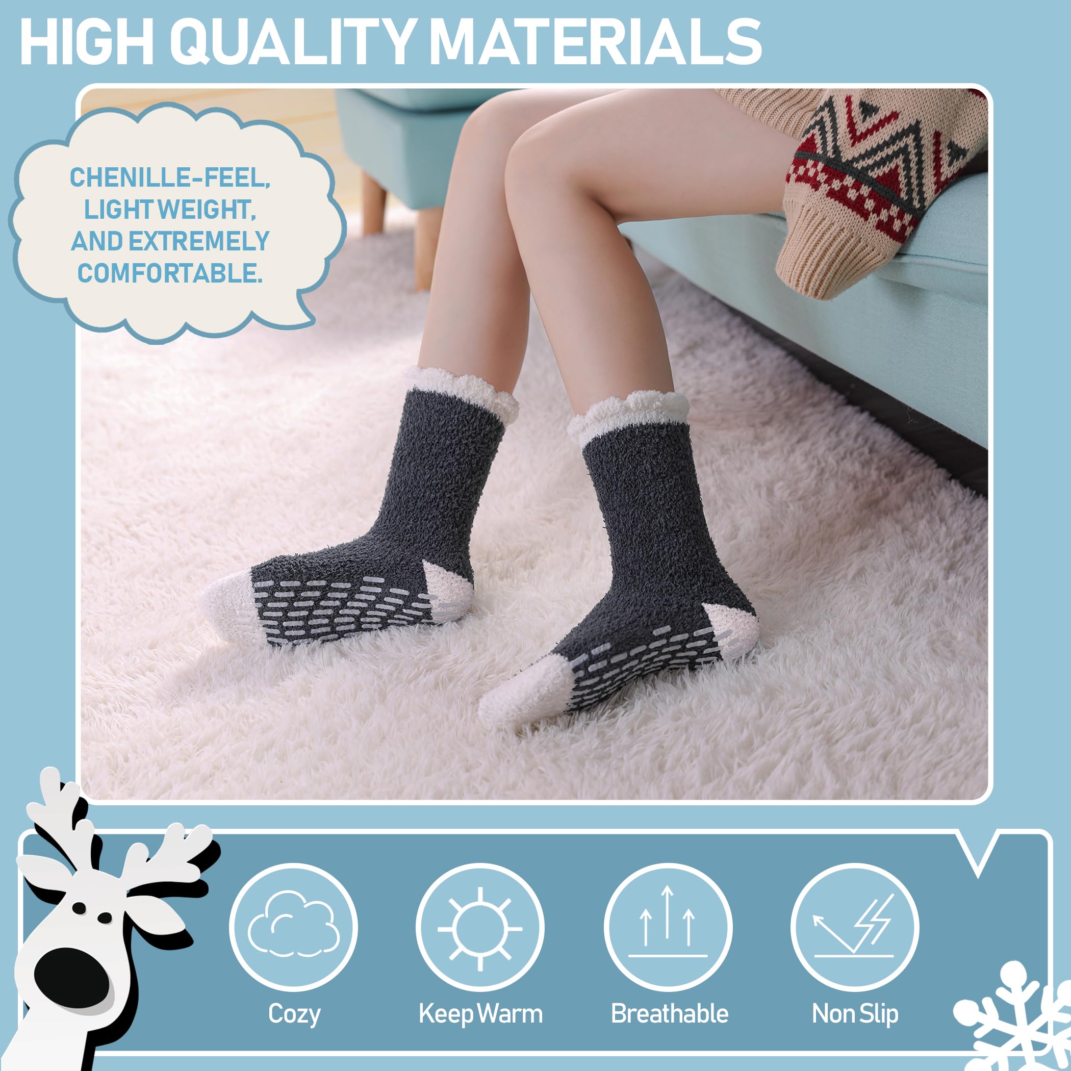Yebing Non Slip Hospital Socks for Women with Grips Fuzzy Cozy Anti Skid Slipper Socks Winter Warm Soft Fluffy Sleep Socks