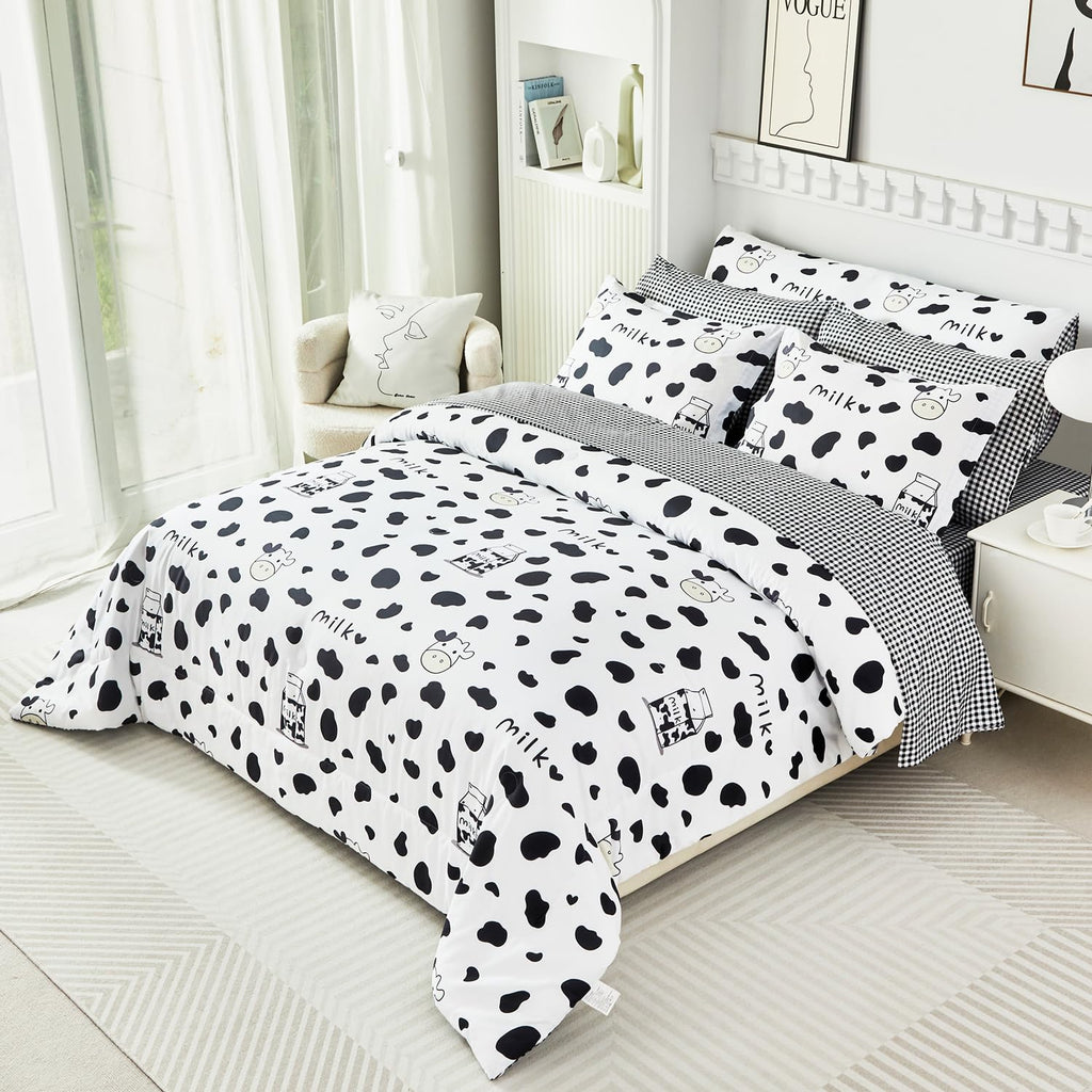 SUCSES Full Size Comforter Set with Sheets 8 Piece Cow Print Bedding Set for Boys Girls Black and White Kids Bed-in-A-Bag Farmhouse Rustic Bed Set for Bedroom (Milk Cow, Full)
