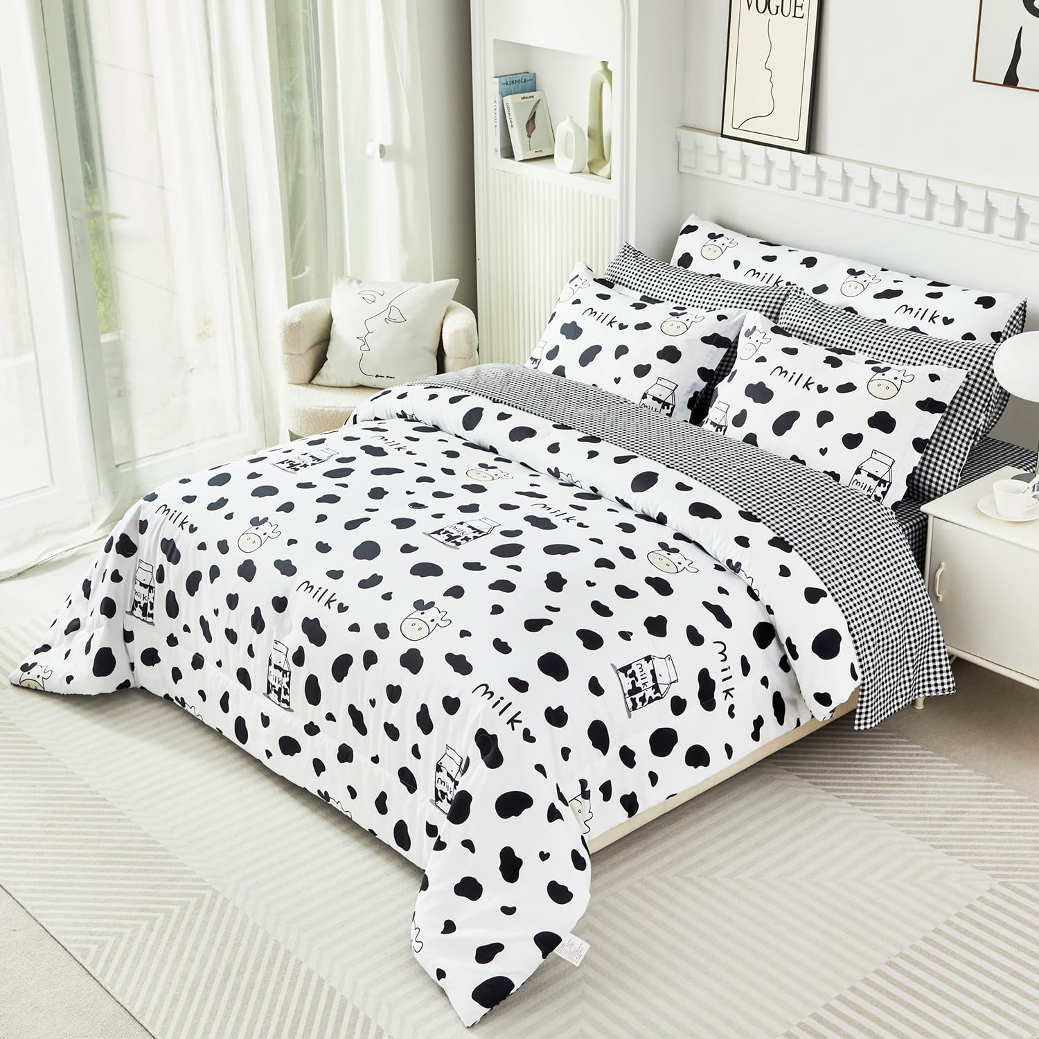 SUCSES Full Size Comforter Set with Sheets 8 Piece Cow Print Bedding Set for Boys Girls Black and White Kids Bed-in-A-Bag Farmhouse Rustic Bed Set for Bedroom (Milk Cow, Full)