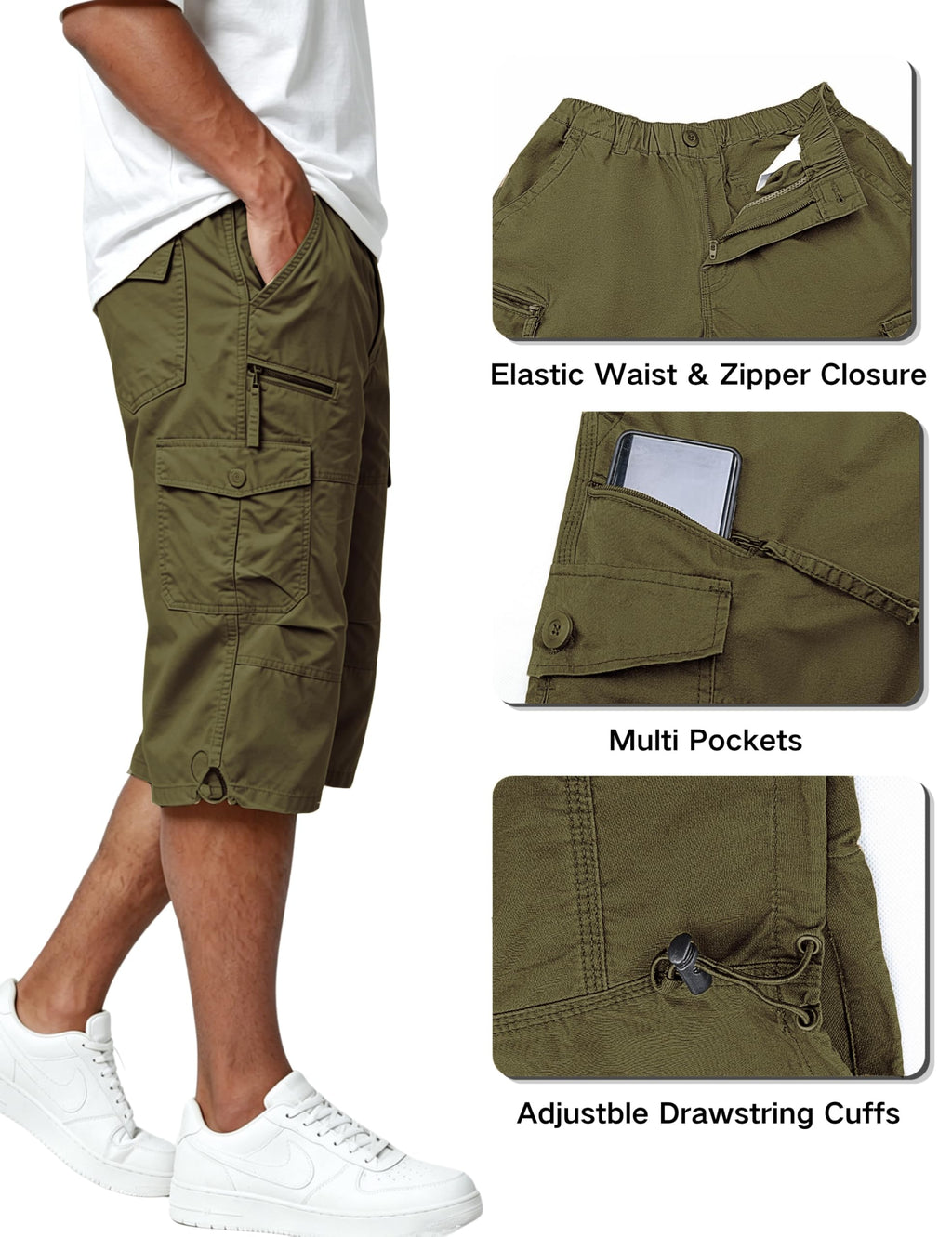 EKLENTSON Men's Cargo Shorts Casual Twill Elastic 3/4 Capri Pants Below Knee Long Shorts with 7 Pockets