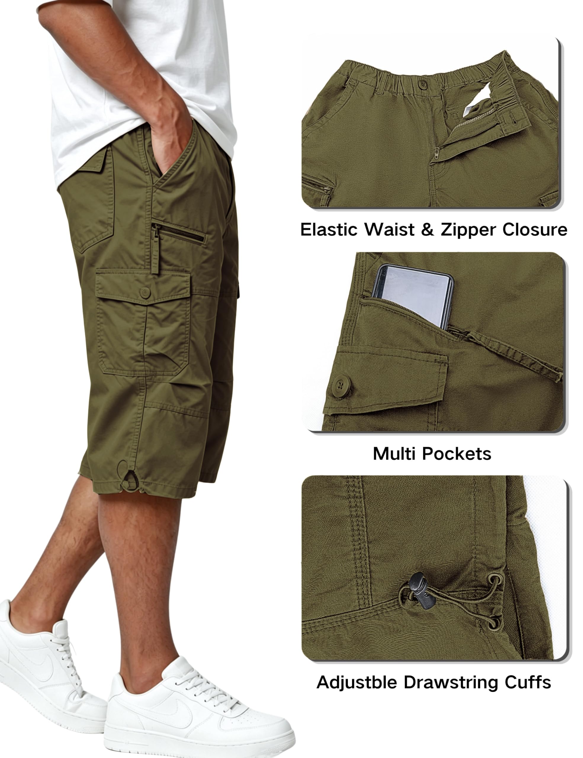 EKLENTSON Men's Cargo Shorts Casual Twill Elastic 3/4 Capri Pants Below Knee Long Shorts with 7 Pockets
