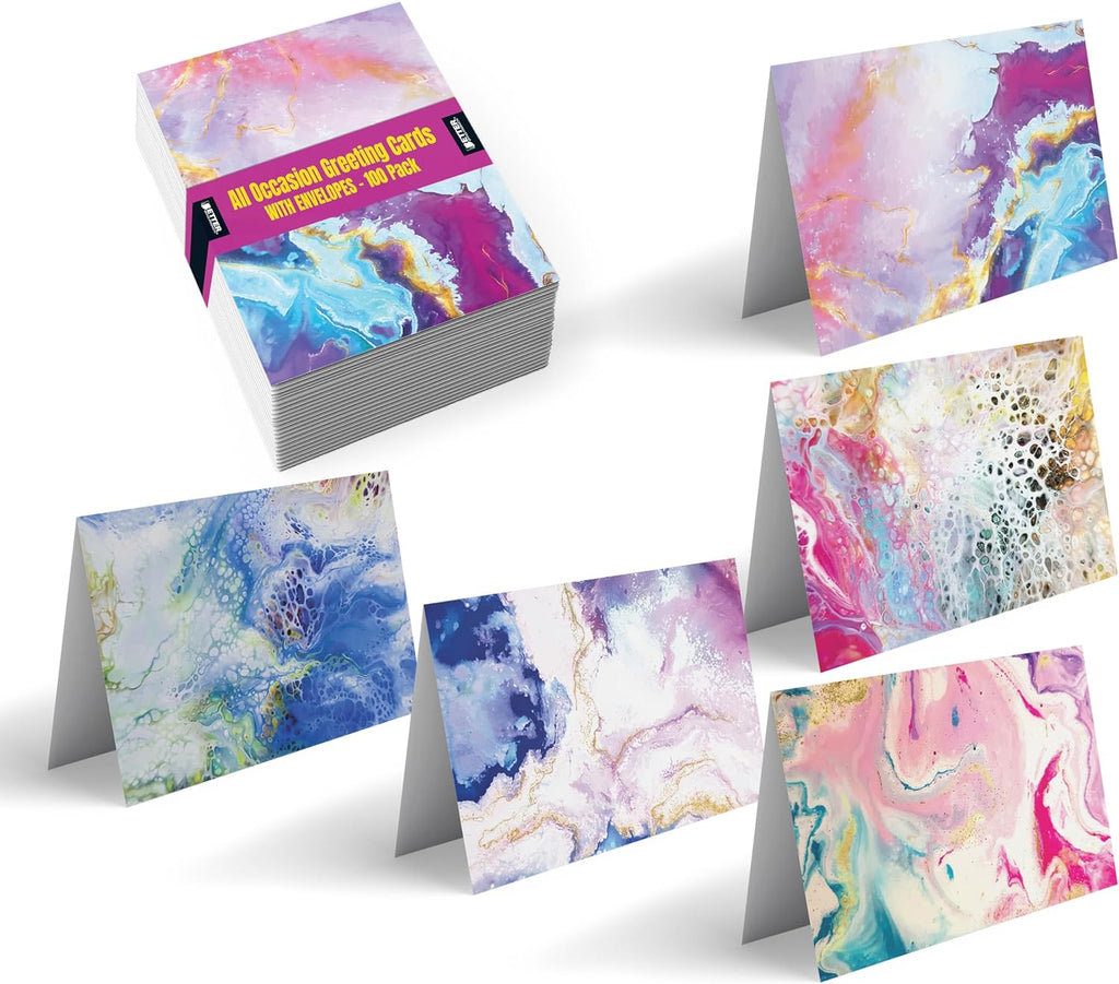 Better Office Products 100-Pack All Occasion Greeting Cards, Assorted Blank Note Cards, 4 x 6 inch, 5 Abstract Art Designs, Blank Inside, with Envelopes, 100 Pack