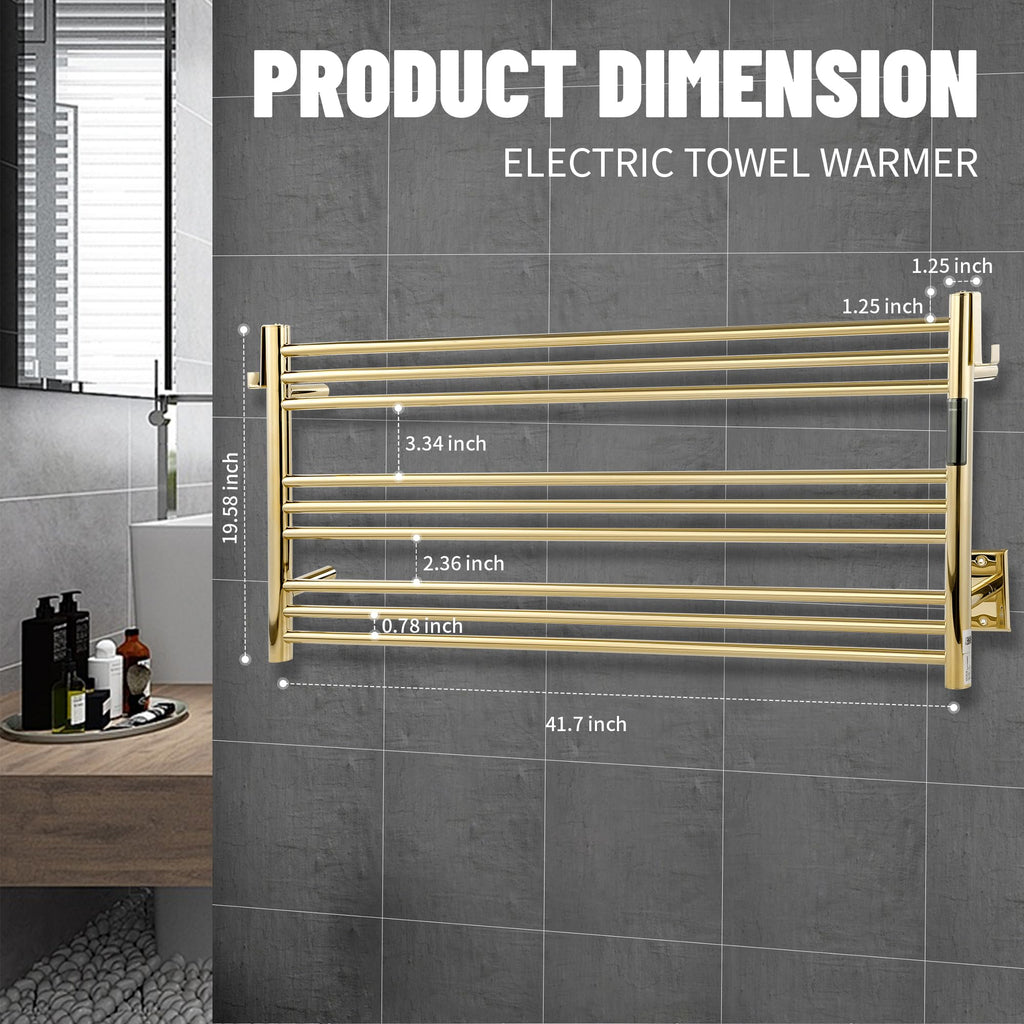 K&KALONZO Wall-Mounted 9-Bar Heated Towel Rack, Fast Heat in 2 Min, NTC Safety | 4 Timers & 3 Heat Levels Control, Plug-In/Hardwired, Top Hooks, Memory Function, Anti-Scald, Stainless Steel, EL13ML
