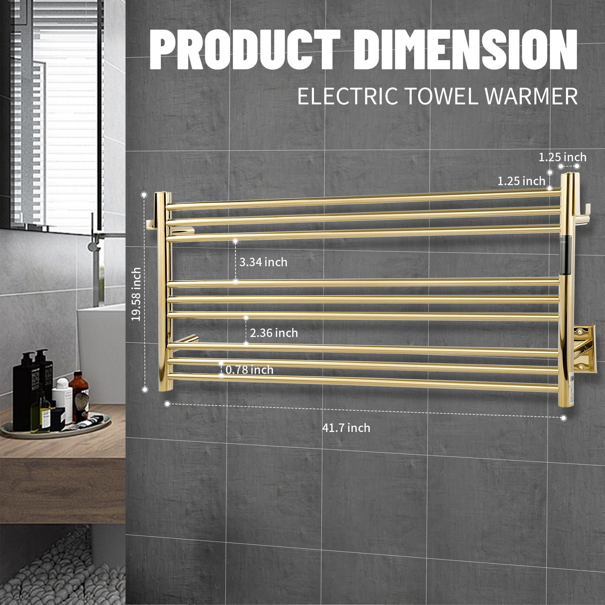 K&KALONZO Wall-Mounted 9-Bar Heated Towel Rack, Fast Heat in 2 Min, NTC Safety | 4 Timers & 3 Heat Levels Control, Plug-In/Hardwired, Top Hooks, Memory Function, Anti-Scald, Stainless Steel, EL13ML