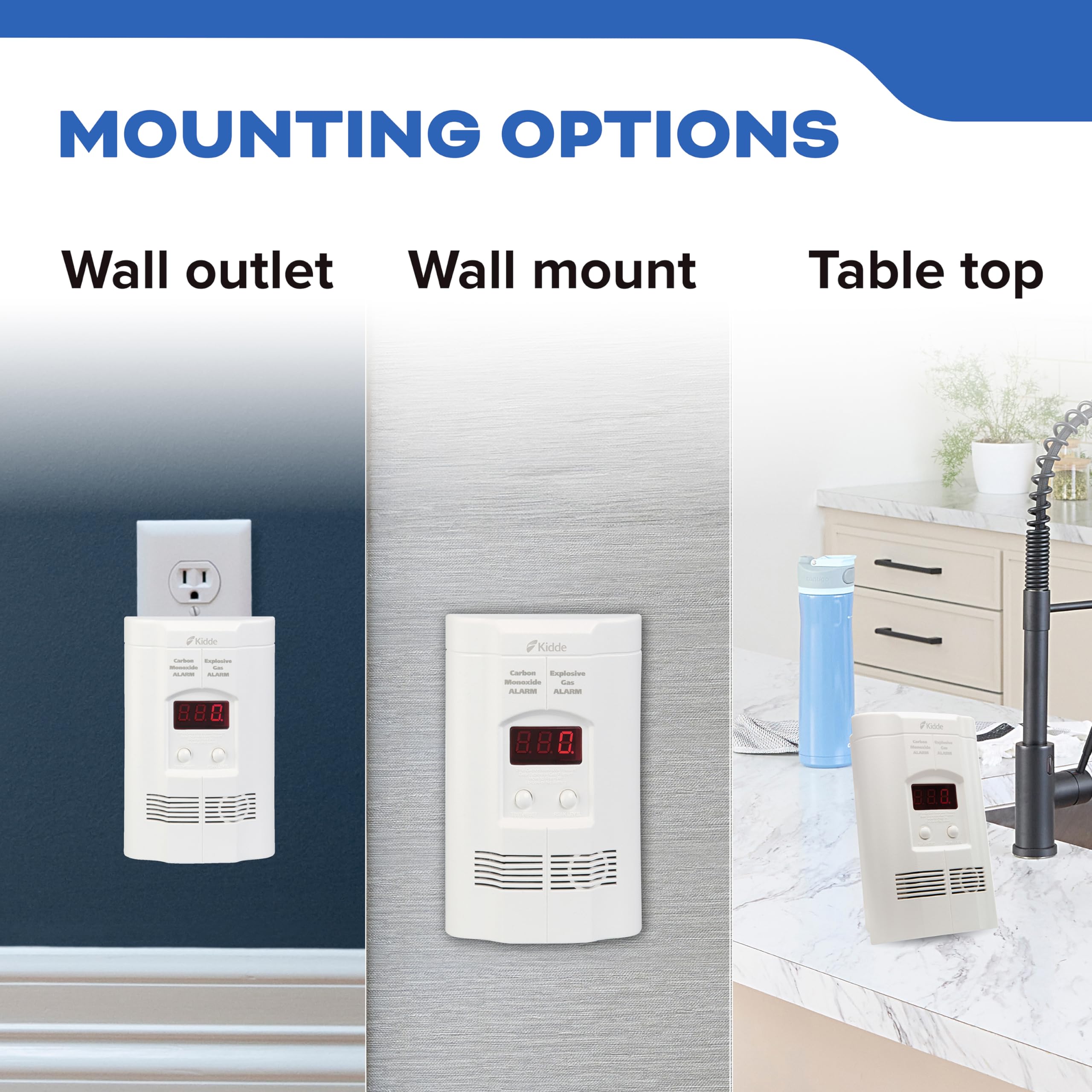 Kidde Carbon Monoxide + Explosive Gas, Natural Gas & Propane Alarm, Plug-in with 9V Battery Backup, Digital Display, 85 dB Alarm, LED Status Indicators, 3rd Edition