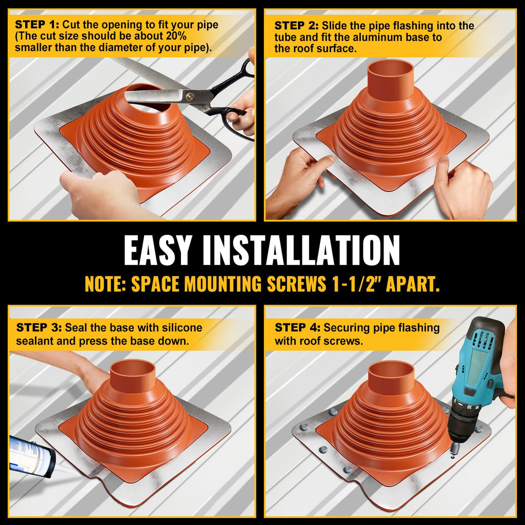 VIVIDA #1 Metal Roof Pipe Flashing, Metal Roofing Pipe Boot Kit, High Temp Silicone Vent Boot, for Tube OD 1/4" to 2", Square Base, Screws & Hex Socket Included, 1 Pack, Black