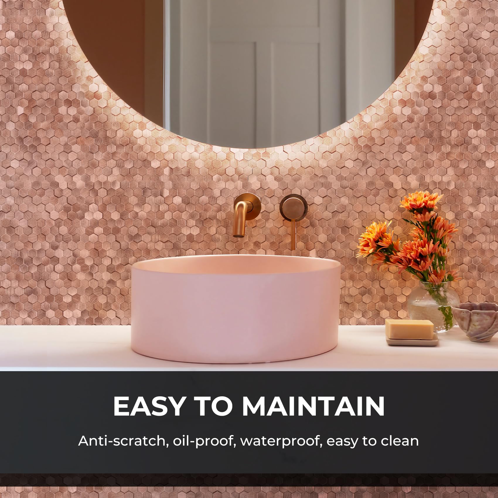 STICKGOO Peel and Stick Backsplash Tiles, Stick on Mosaic Self Adhesive Tiles, 3D Hexagon Backsplash for Kitchen Bathroom Fireplace Vanity (8PCS, Copper)